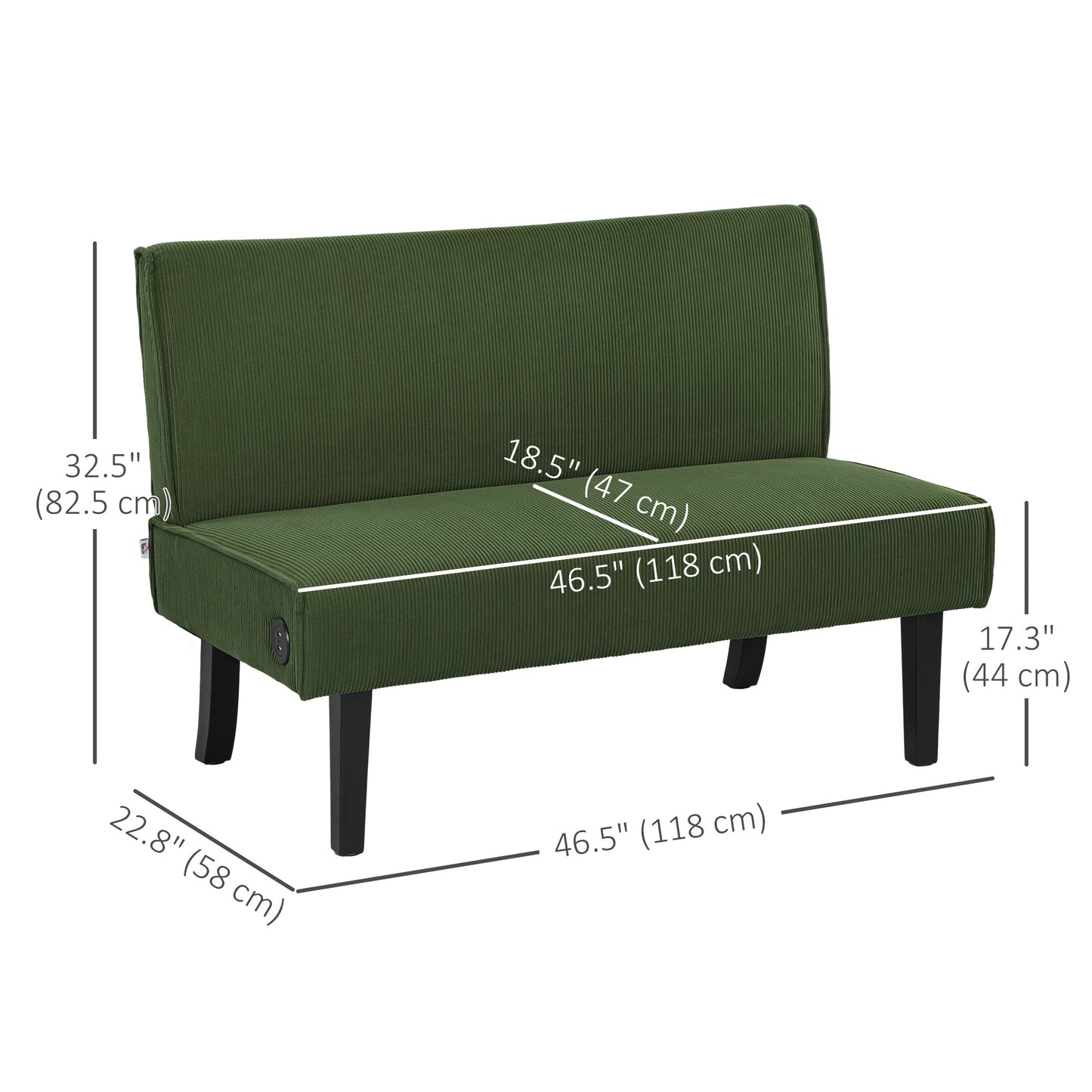 HOMCOM 46.5" Loveseat Couch with USB Ports, Corduroy Love Seat Sofa with Wood Legs for Living Room, Bedroom, Small Space, Grey