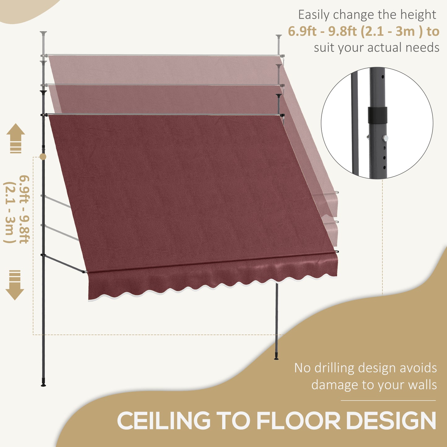 Outsunny 6.5' x 4' Manual Retractable Awning, Non-Screw Freestanding Patio Awning, UV Resistant, for Window or Door, Wine Red