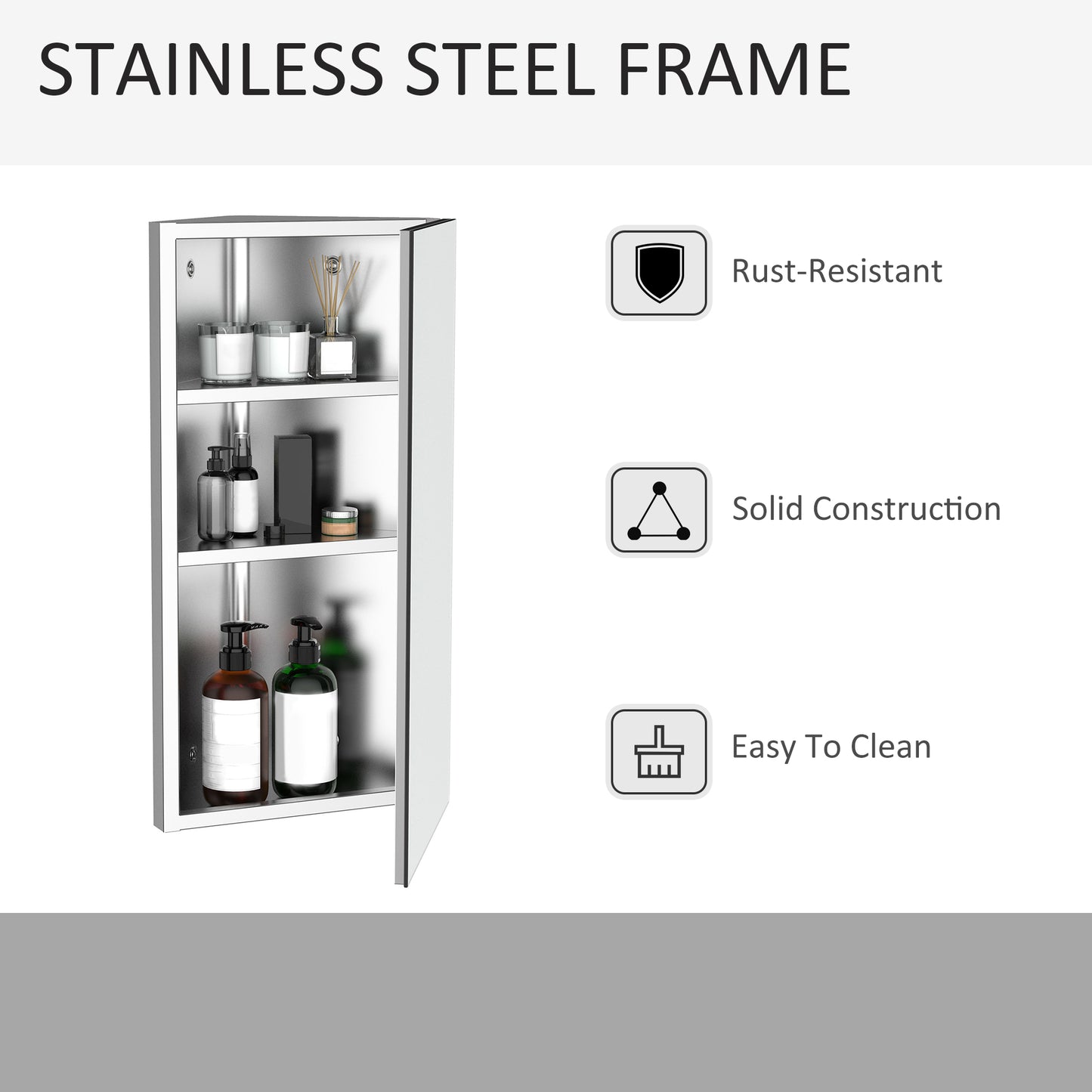 HOMCOM Wall mounted Bathroom Corner Mirror Storage Cabinet Stainless Steel with Single Door