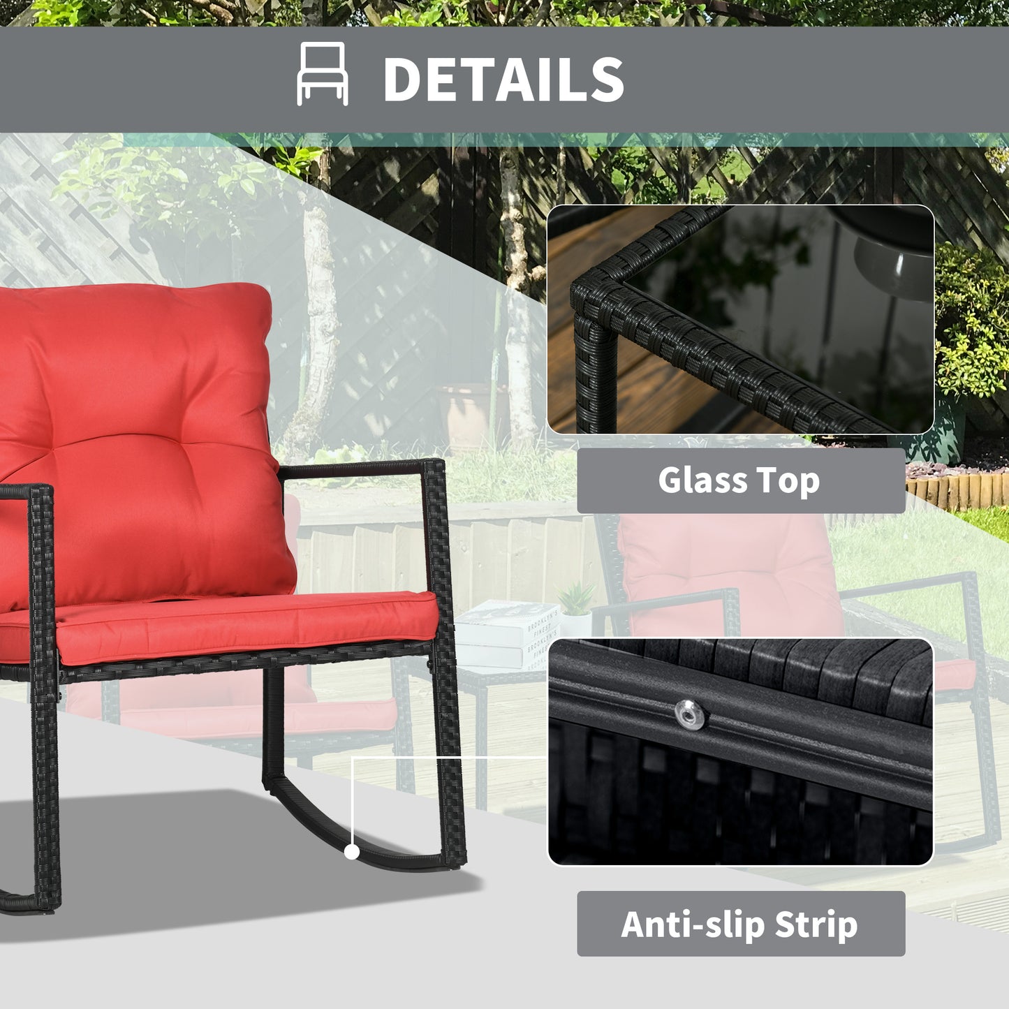 Outsunny 3 Pieces Rocking Bistro Set, Outdoor Wicker Patio Furniture with Glass Coffee Table and Outside Rocking Chairs for Porch, Conversation Sets with Thick Cushions, Blue