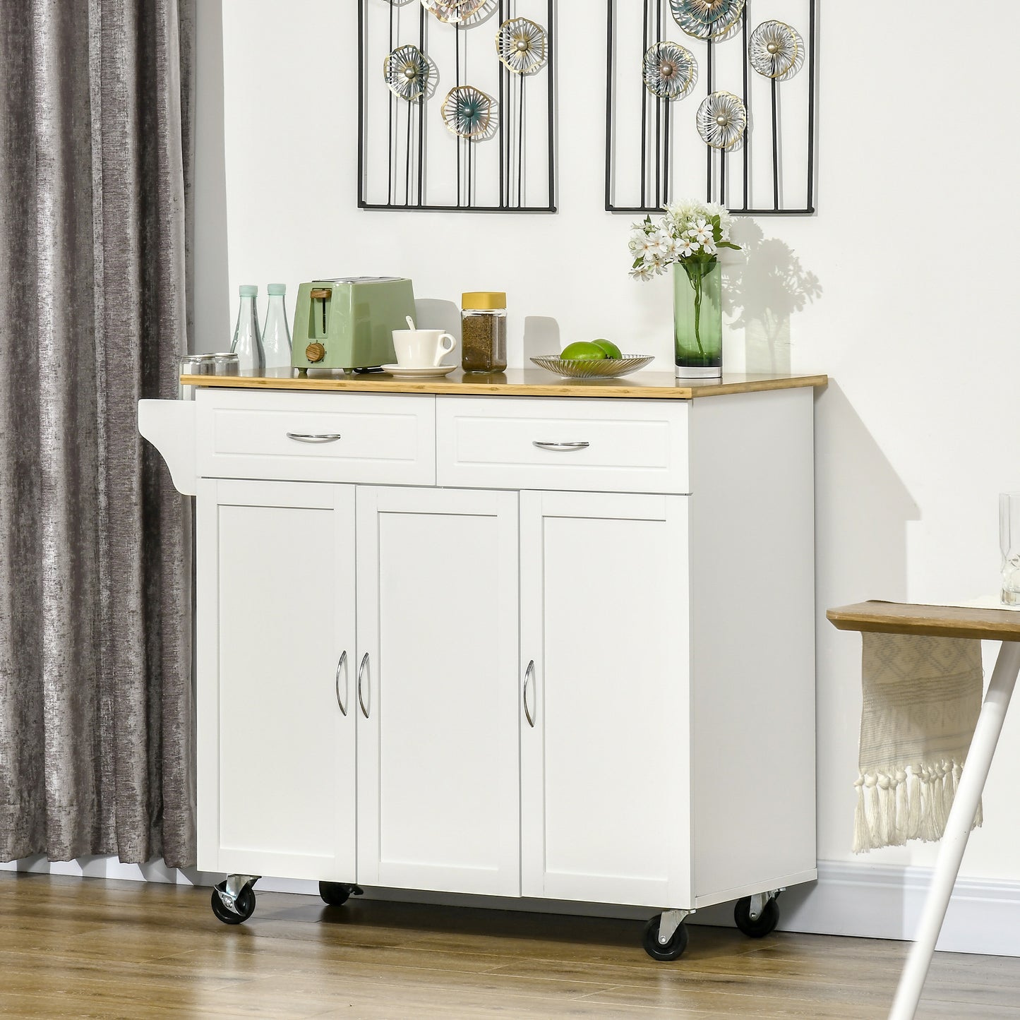 HOMCOM Kitchen Cart with Storage, Rolling Kitchen Island on Wheels with Bamboo Countertop, Drawers, Cabinets, 3 Doors, White