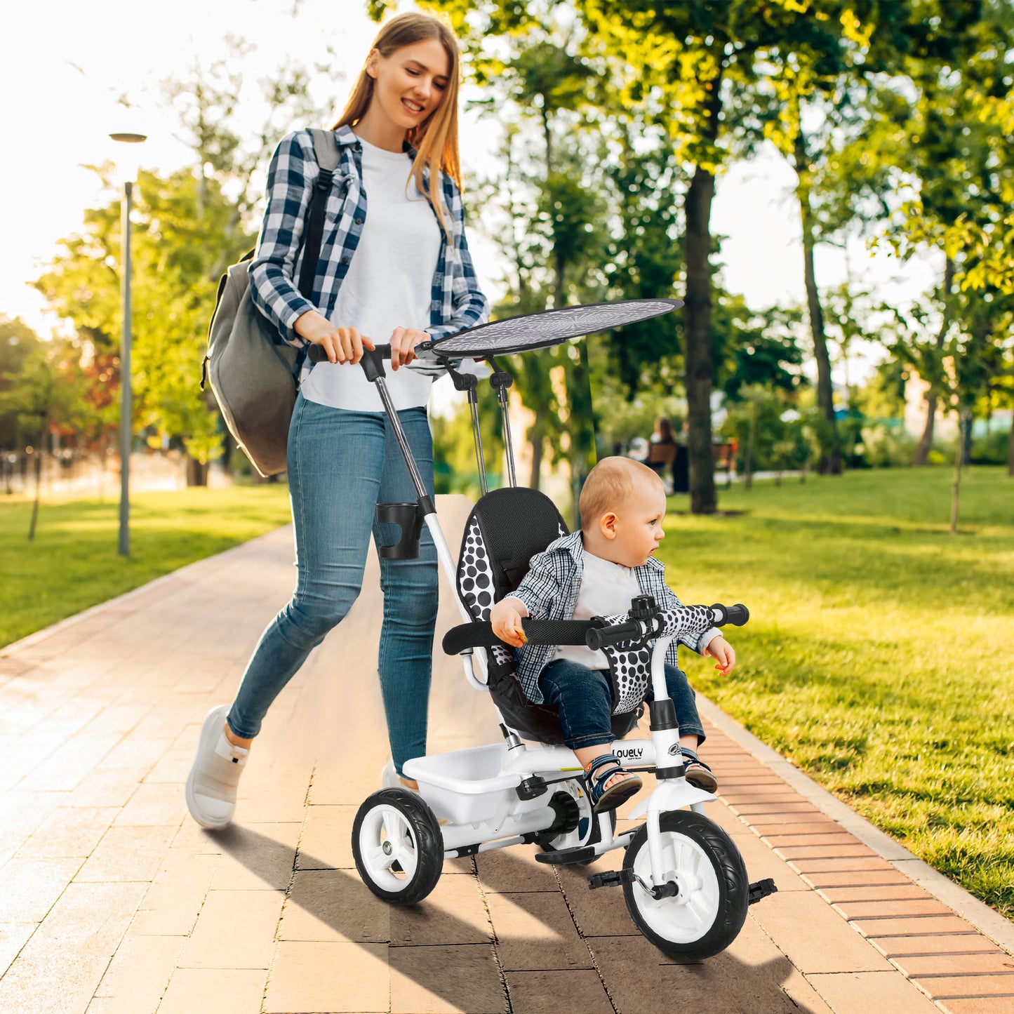Qaba 6 in 1 Kids Tricycle with Removable Handlebar and Canopy, Navy Blue