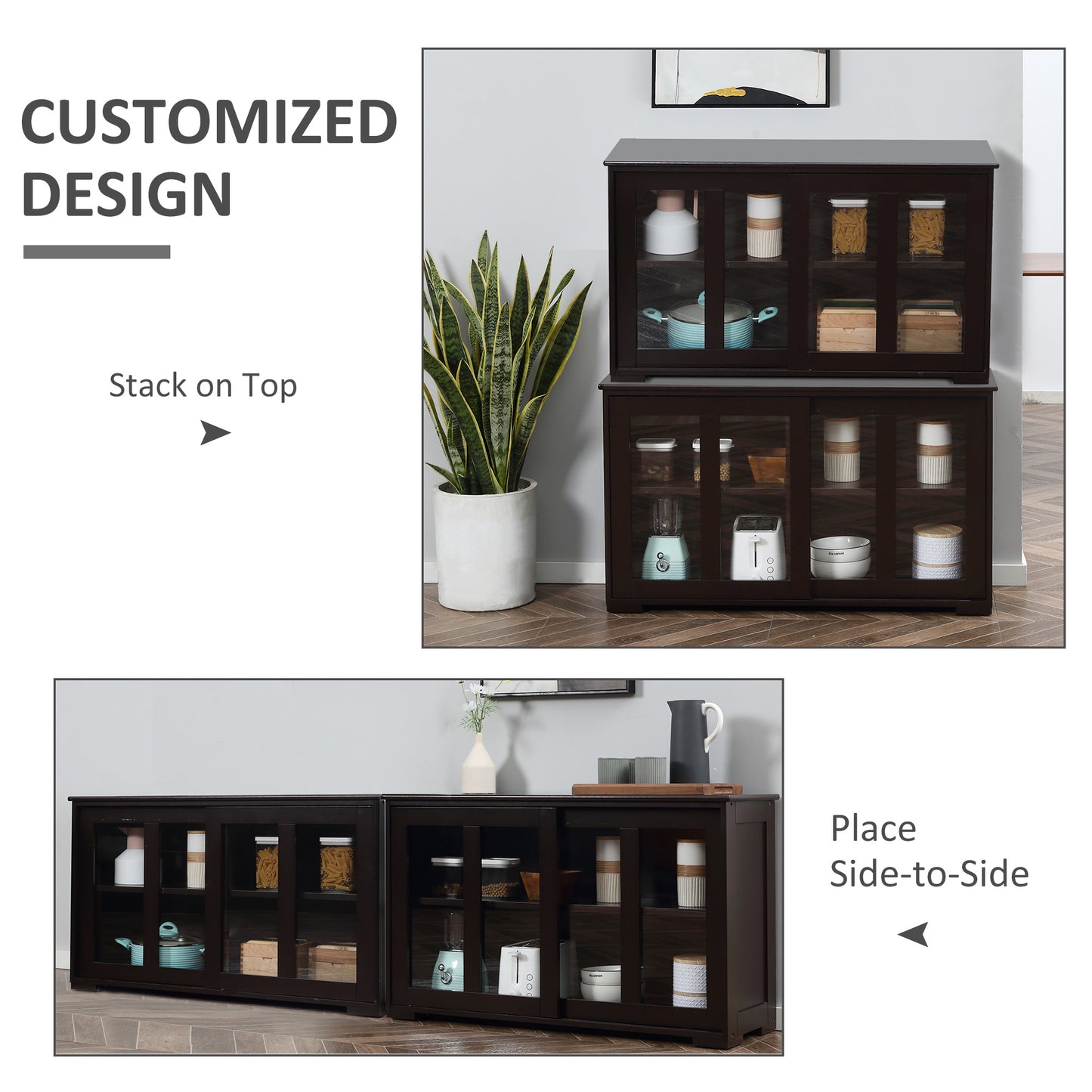 HOMCOM Kitchen Sideboard, Stackable Storage Cabinet, Sliding Glass Door Console, Serving Buffet for Kitchen & Dining Room