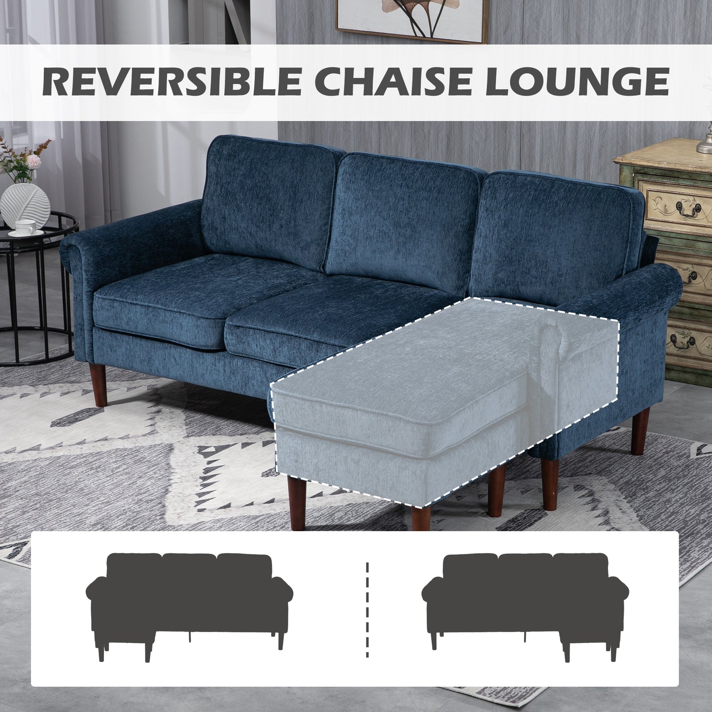 HOMCOM L Shape Sofa, Modern Sectional Couch with Changeable Chaise Lounge, Wooden Legs, Corner Sofa for Living Room, Dark Blue