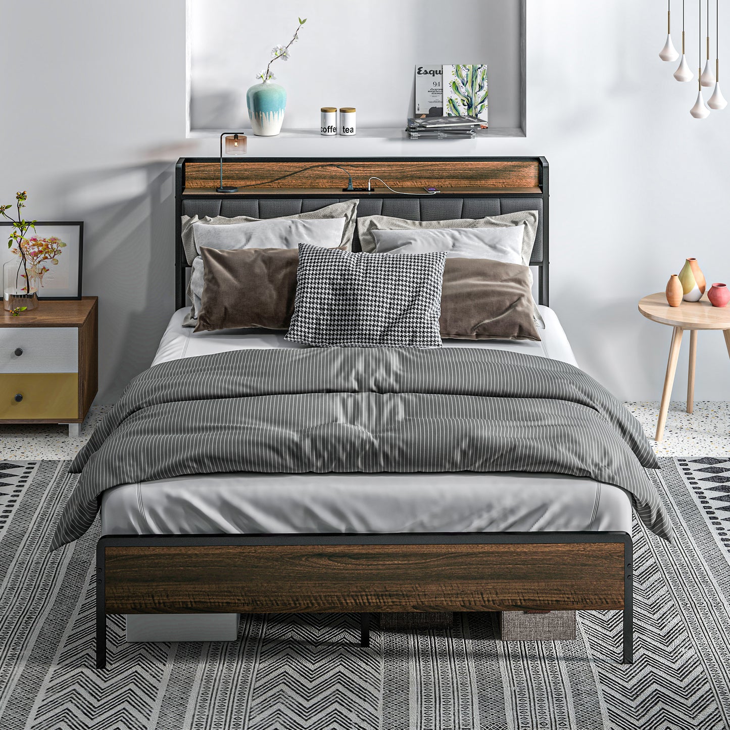 HOMCOM Queen Size Bed Frame with Charging Station, Queen Bed Frame with Upholstered Headboard and Storage Shelf, Walnut