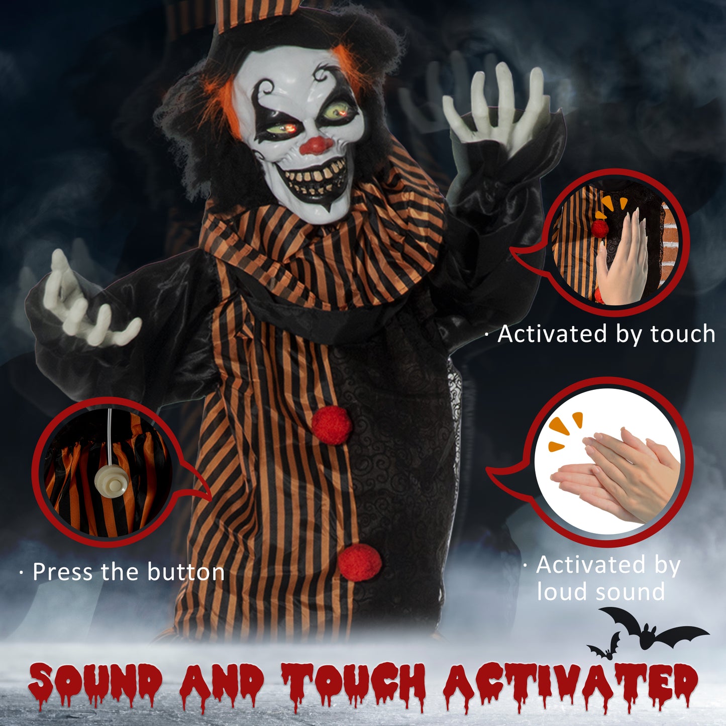 Outsunny 5.6' Life Size Clown Outdoor Halloween Decoration Animatronic, Animated Prop w/ Light Up Eyes