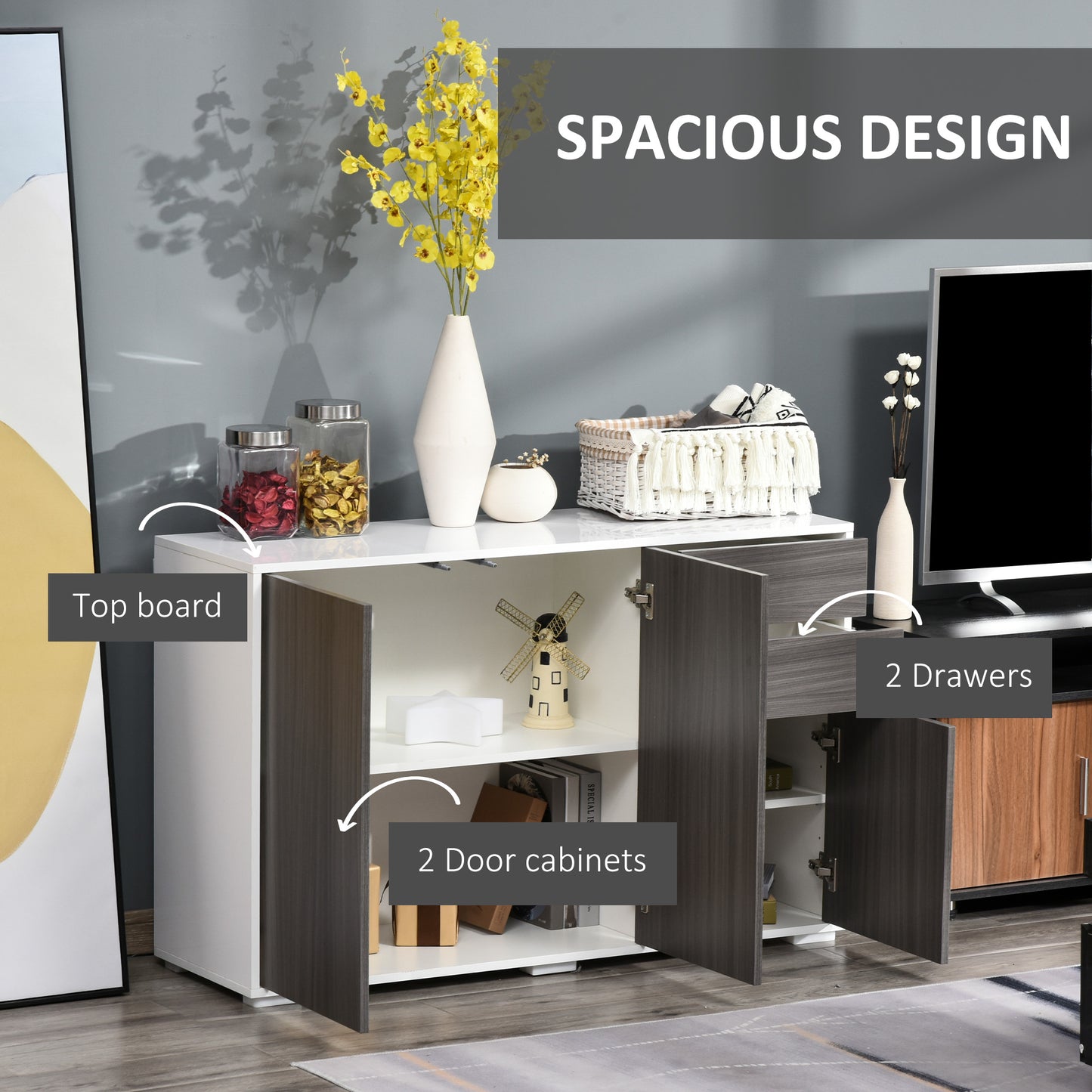 HOMCOM Kitchen Sideboard Storage Cabinet, Modern Coffee Bar with Push-Open Design and 2 Drawers for Living Room, Black