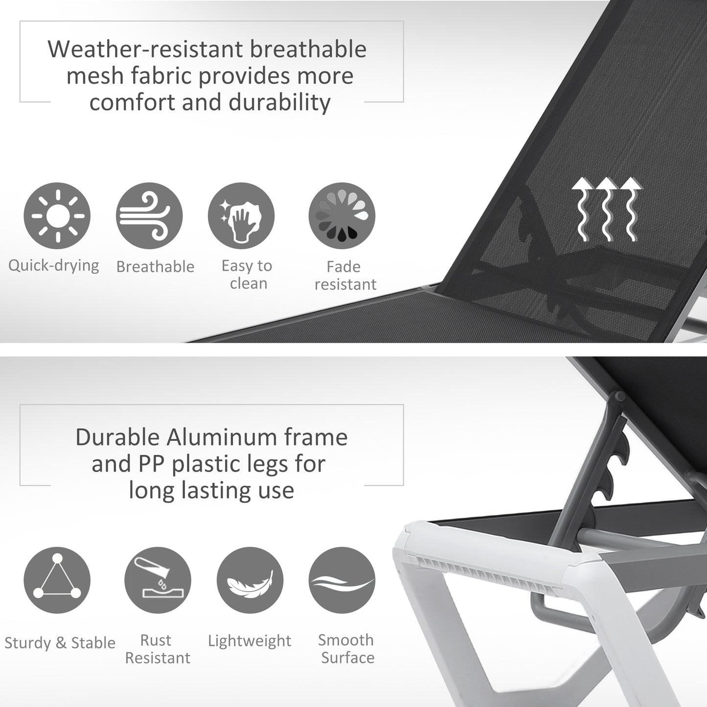 Outsunny Outdoor Chaise Lounge Chair, Patio Aluminum Tanning Chair with 5-Level Adjustable Back, Portable Wheels, Breathable Mesh Fabric, for Pool, Deck, Garden, Black