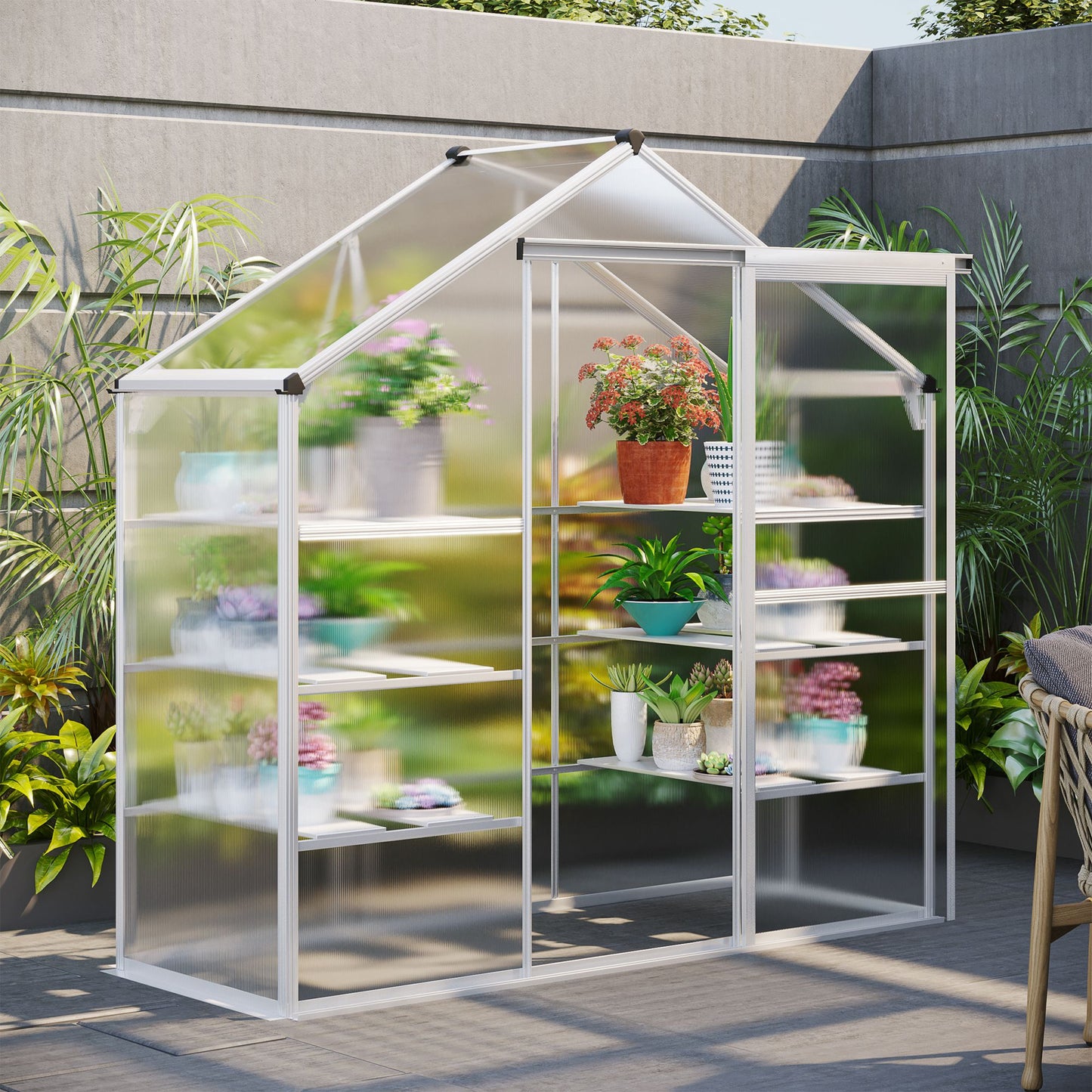 Outsunny 6.3' x 2.3' x 6.1' Outdoor Walk-in Greenhouse with 3-Tier Shelves, Garden Polycarbonate Green House Plants Flower Cold Frame with Aluminum Frame