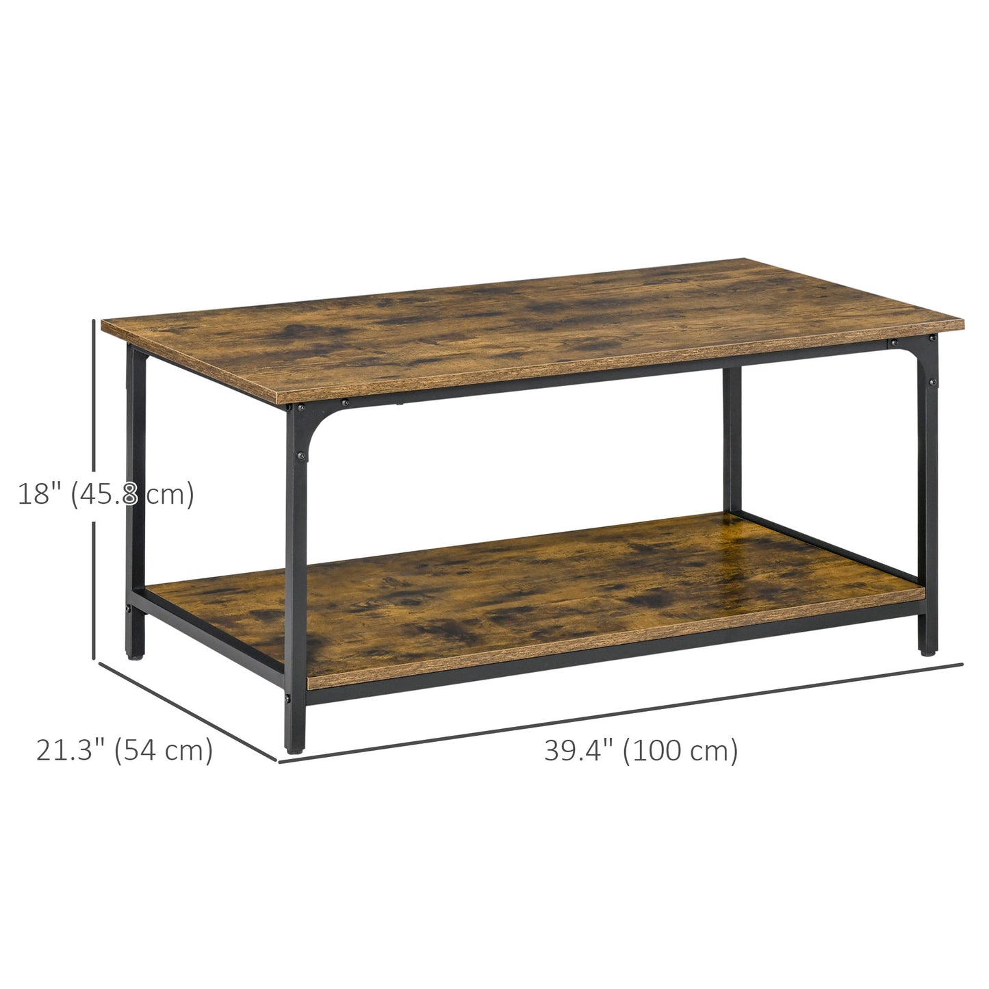 HOMCOM Industrial Coffee Table with Storage Shelf, 2-tier Center Table for Living Room, Rustic Brown
