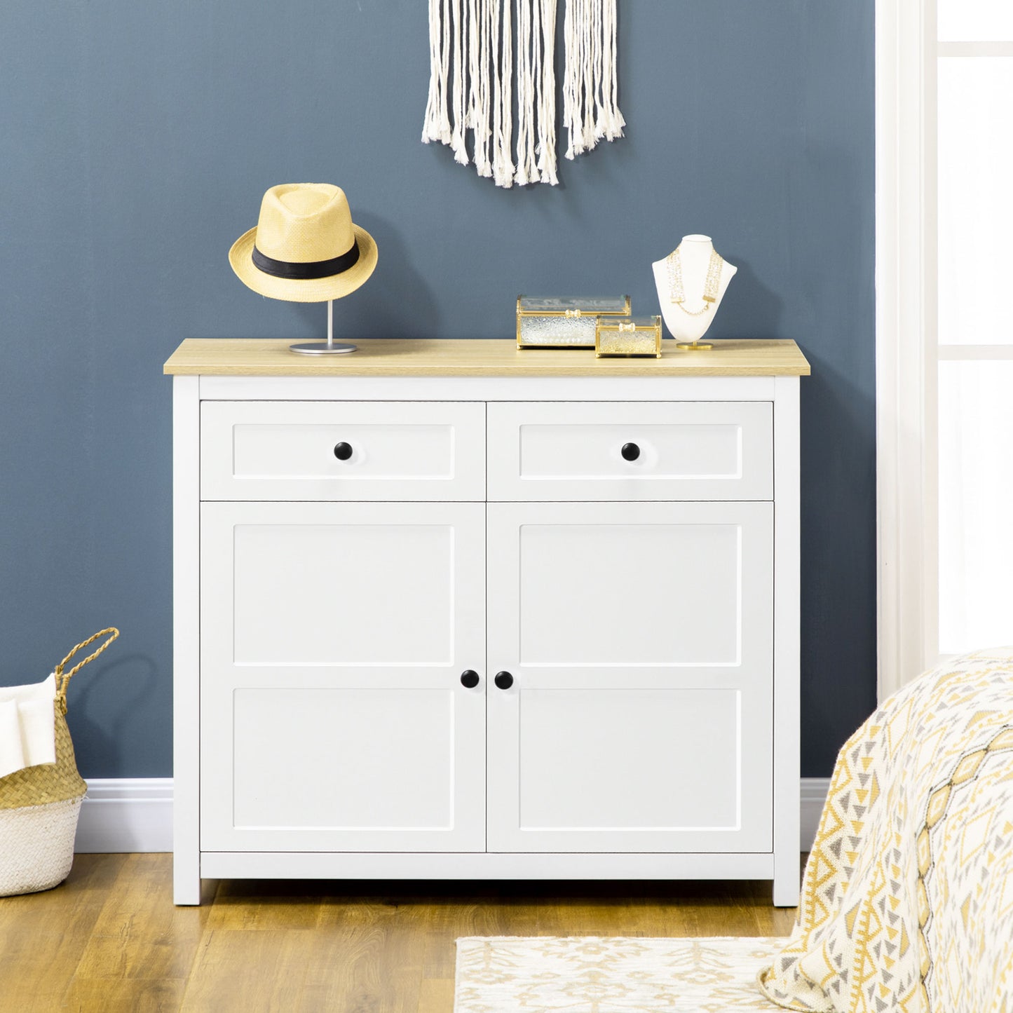 HOMCOM Sideboard, Modern Kitchen Storage Cabinet with Drawers and Adjustable Shelf, for Living Room and Entryway, White