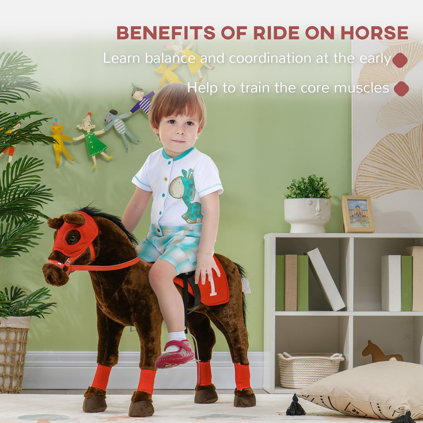 Qaba Kids Ride On Horse w/ Neighing Sound, Saddle, Stirrups, for 3-8 Years