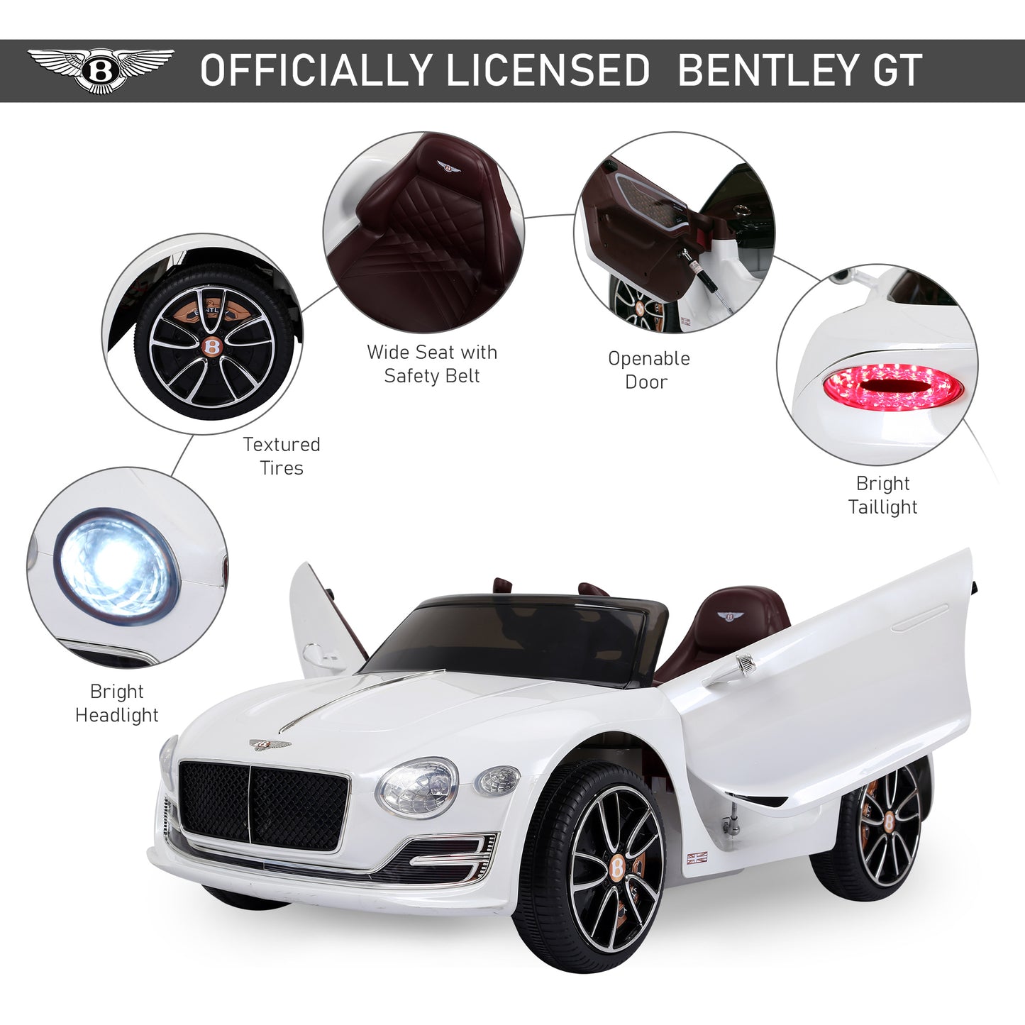 Aosom 12V Ride On Car Licensed Bentley Battery Powered Electric Vehicles w/ Parent Remote Control, 2 Speed - Black