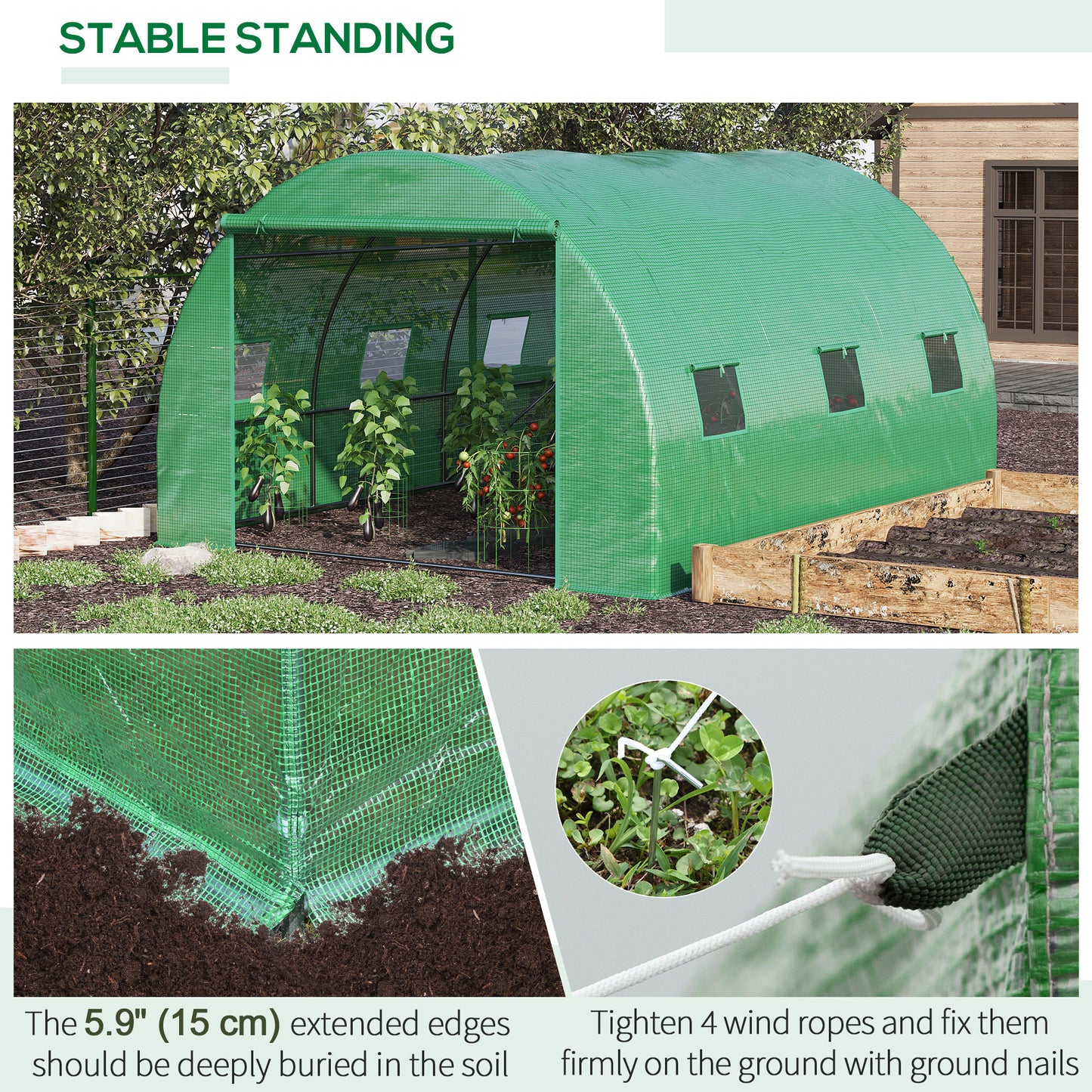 Outsunny 13' x 10' x 6.6' Walk-in Polytunnel Greenhouse, Outdoor Garden Tunnel Greenhouse Tent with Zipped Roll-Up Door and 6 Mesh Windows, Green