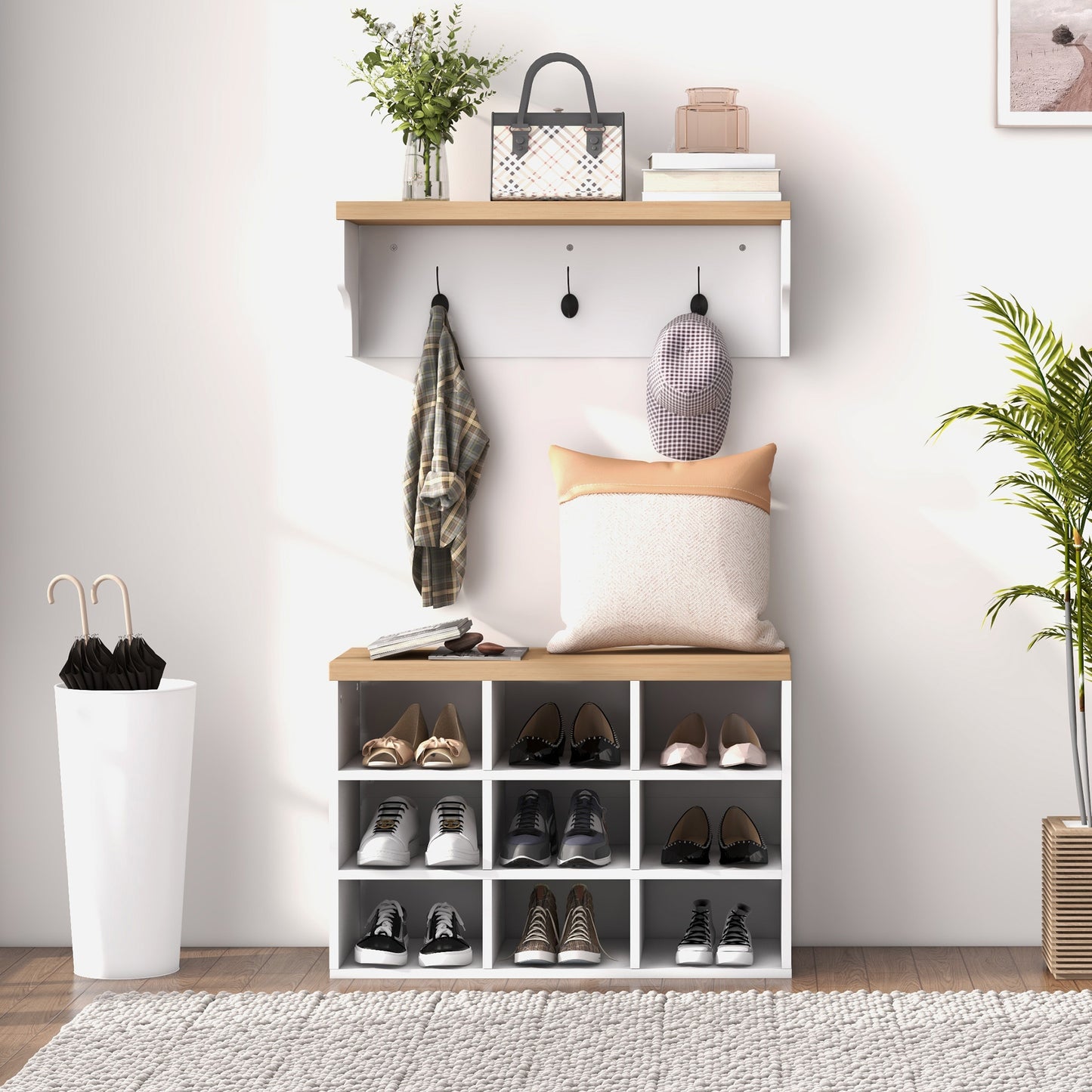 HOMCOM 2-in-1 Hall Tree, 5-Hook Coat Rack Shoe Bench Set w/ Bench and Shoe Storage for Entryway, Hallway, White