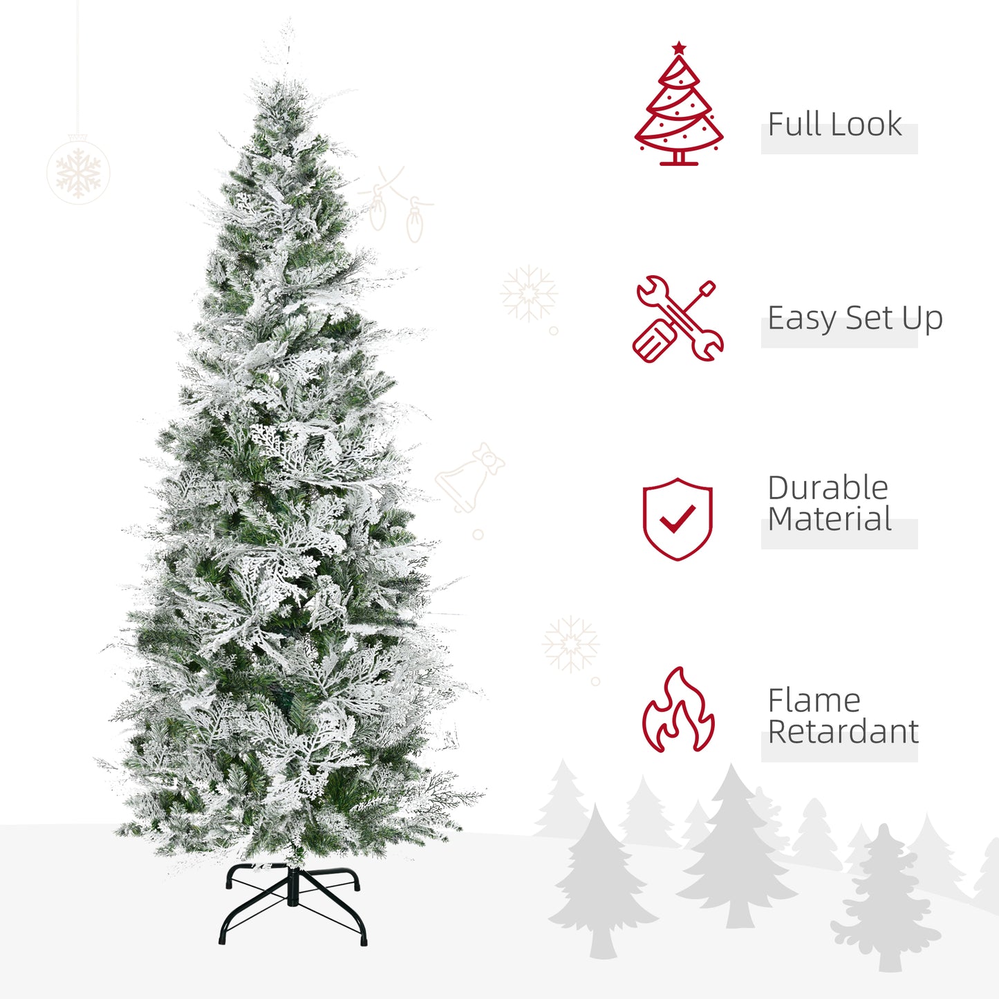HOMCOM 7.5 Feet Pencil Snow Flocked Artificial Christmas Tree with 880 Realistic Cypress Branches, Auto Open, Green