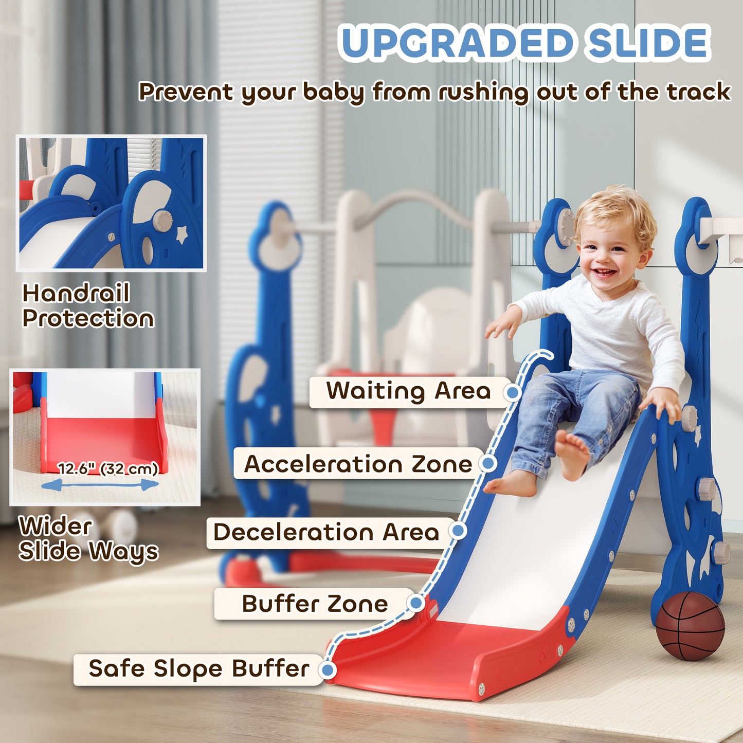 Qaba 8 in 1 Slide and Swing Set, Baby Swing Set with Basketball Hoop, Climber, Steering Wheel, for Aged 1-3 Years, Yellow