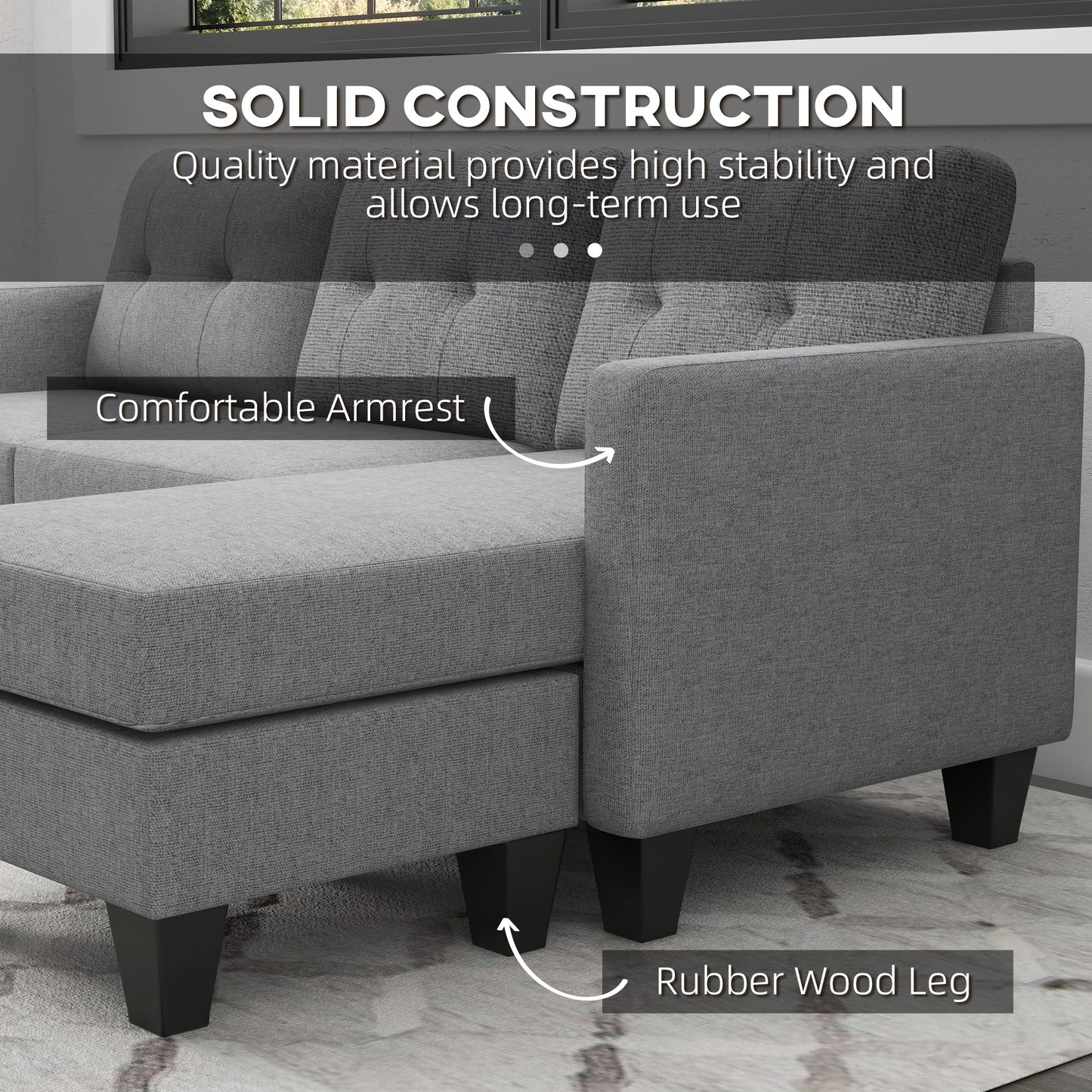 HOMCOM L-shaped Sofa, 3 Seater Couch with Ottoman, Corner Sofa with Thick Padded Cushion and Wood Legs, Dark Grey