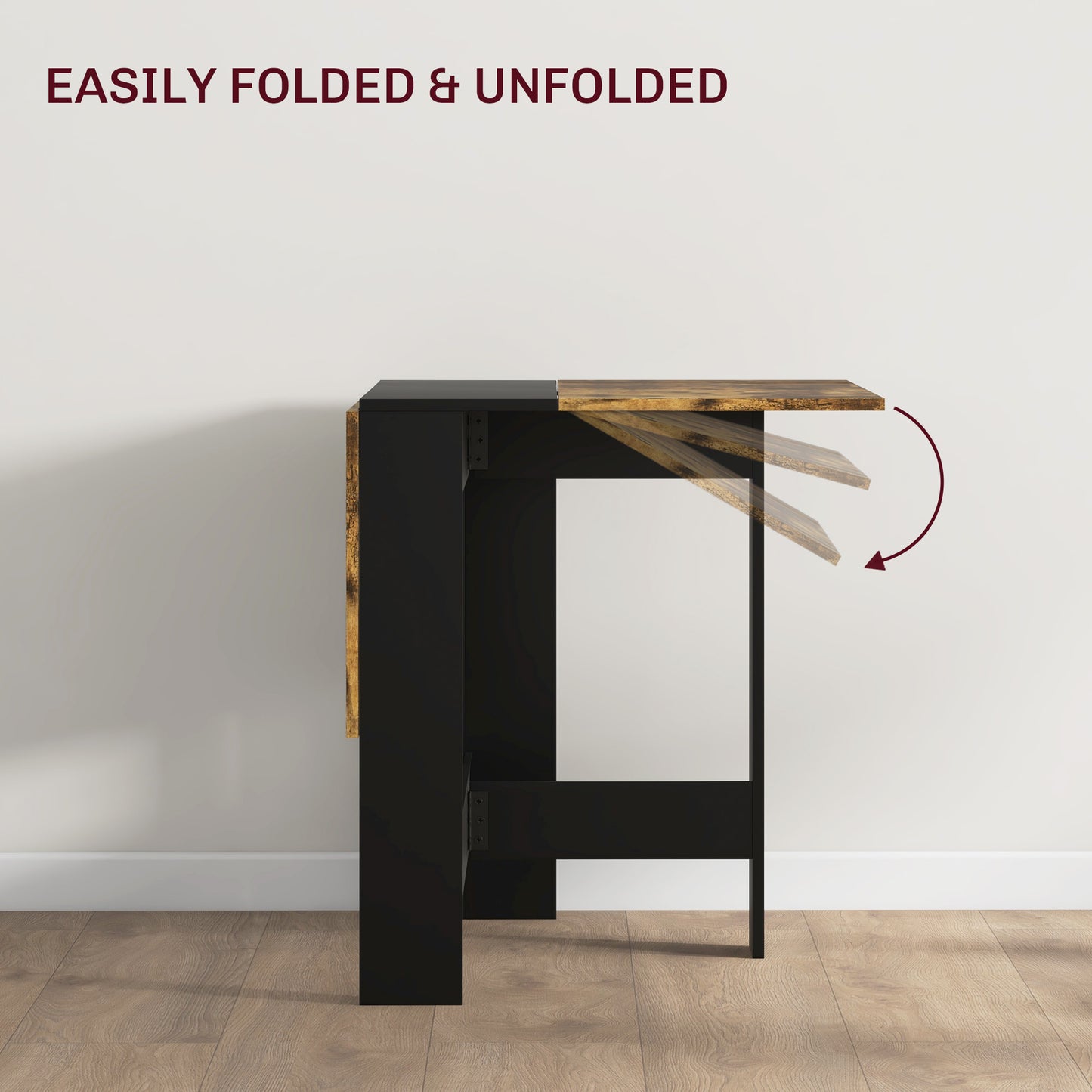 HOMCOM Drop Leaf Dining Table Wood Folding Table Multi-Use Side Table Dining Desk Space Saving Table, Rustic Brown and Black