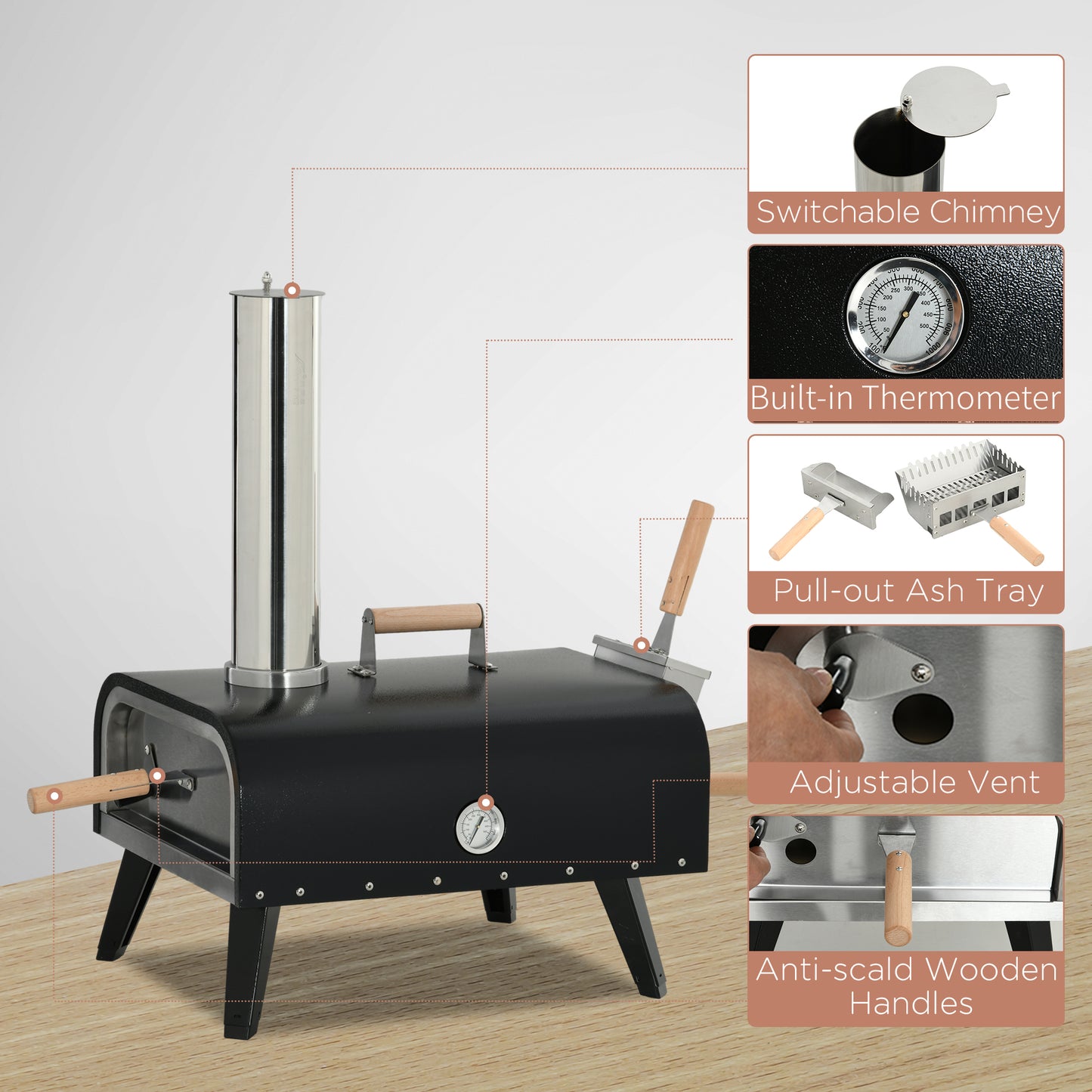 Outsunny Wood Fired Pizza Oven Stainless Steel Pizza Maker with Foldable Legs and Waterproof Cover, Black