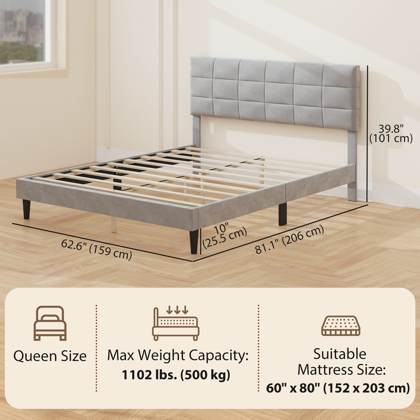 HOMCOM Queen Size Bed Frame with Upholstered Headboard, Modern Platform Bed Frame with Wood Slats, 1100 lbs Capacity, Cream