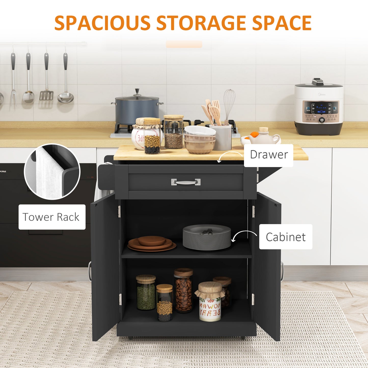 HOMCOM Foldable Kitchen Island with Storage Drawer, Farmhouse Style Rolling Utility Cart, Coffee Bar Cabinet on Wheels with Drop-Leaf Wood Top, White