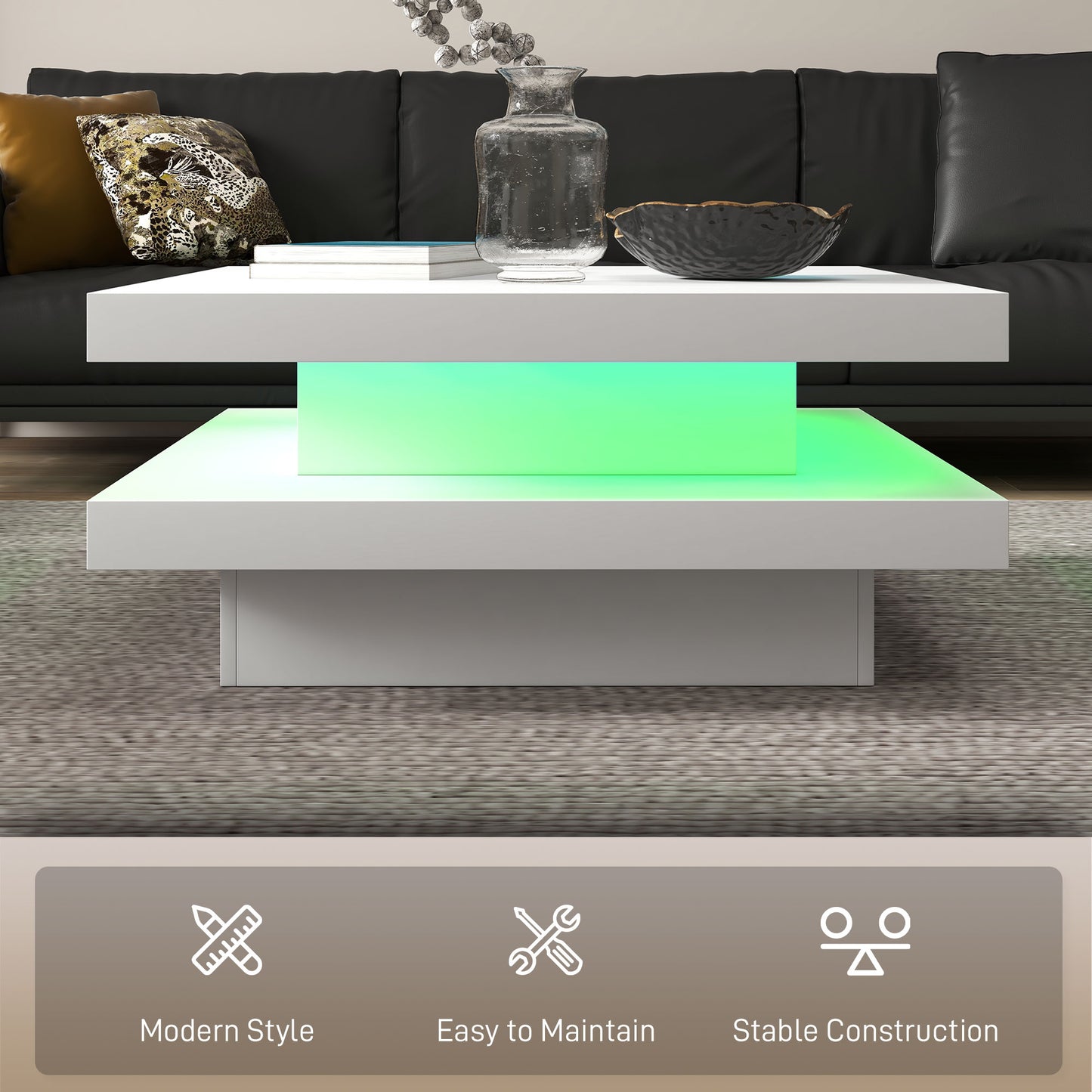 HOMCOM Square Coffee Table with 7 LED Lights and Remote, 2-Tier Modern Center Table for Living Room, White