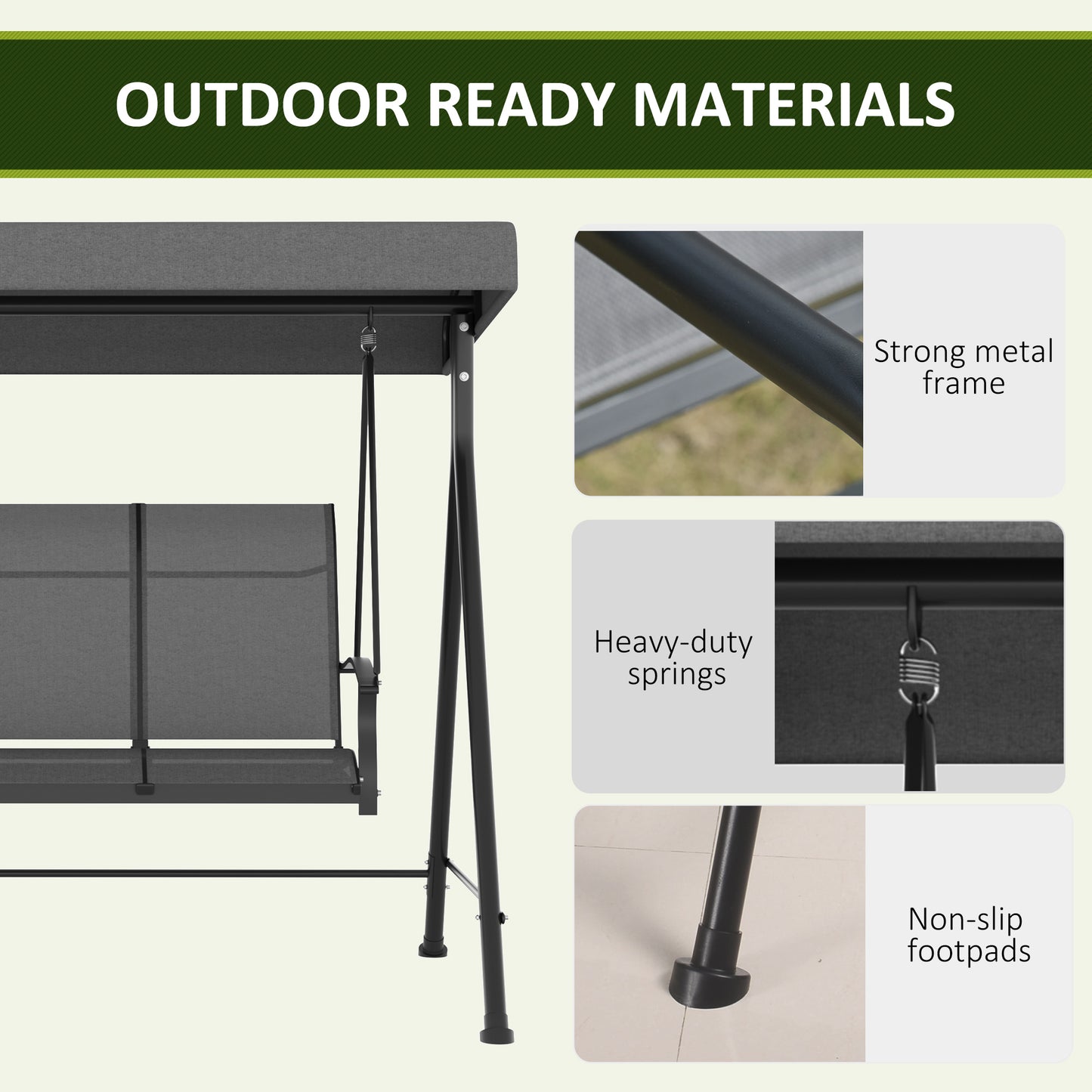 Outsunny Patio Swing Chair, 3 Person Convertible Hammock, Outdoor Swing Lounge Bed, Cushioned with Tilt Canopy, Dark Grey