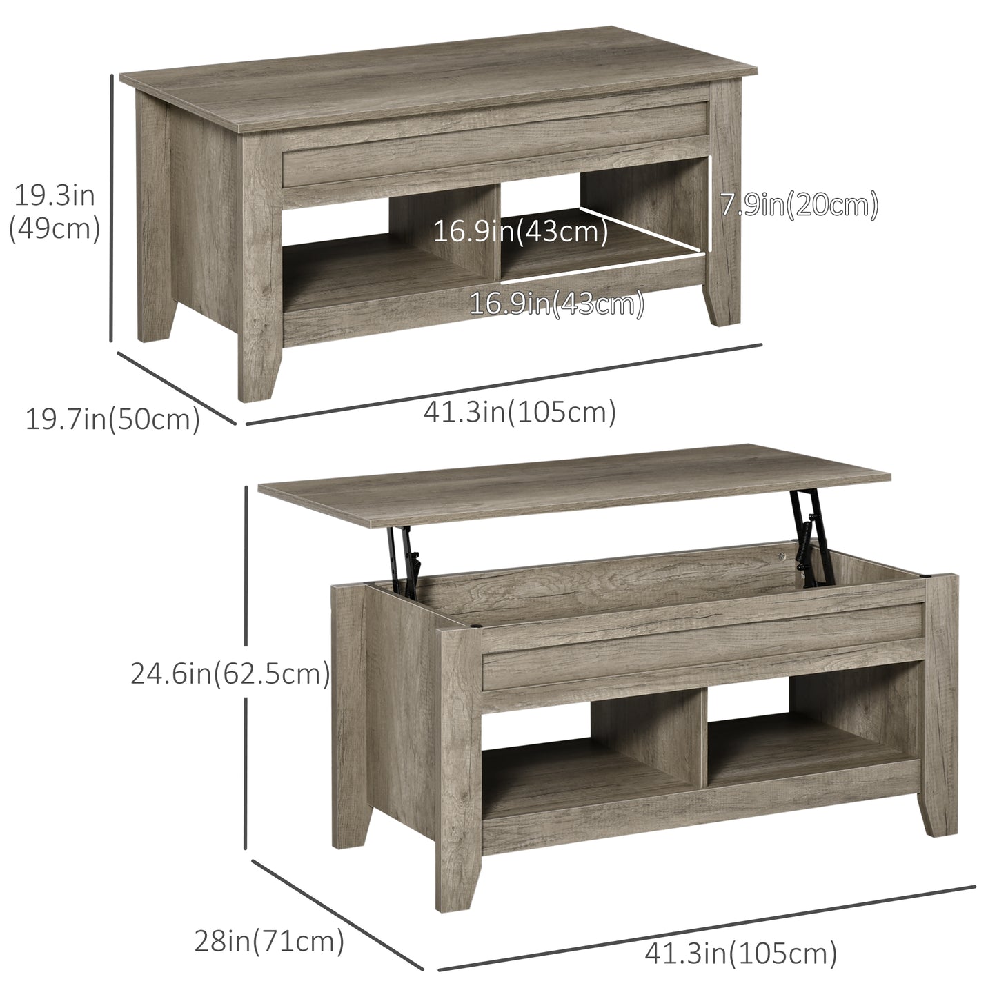 HOMCOM Lift Top Coffee Table with Hidden Storage Compartment and Open Shelves, Lift Tabletop Pop-Up Center Table for Living Room, White