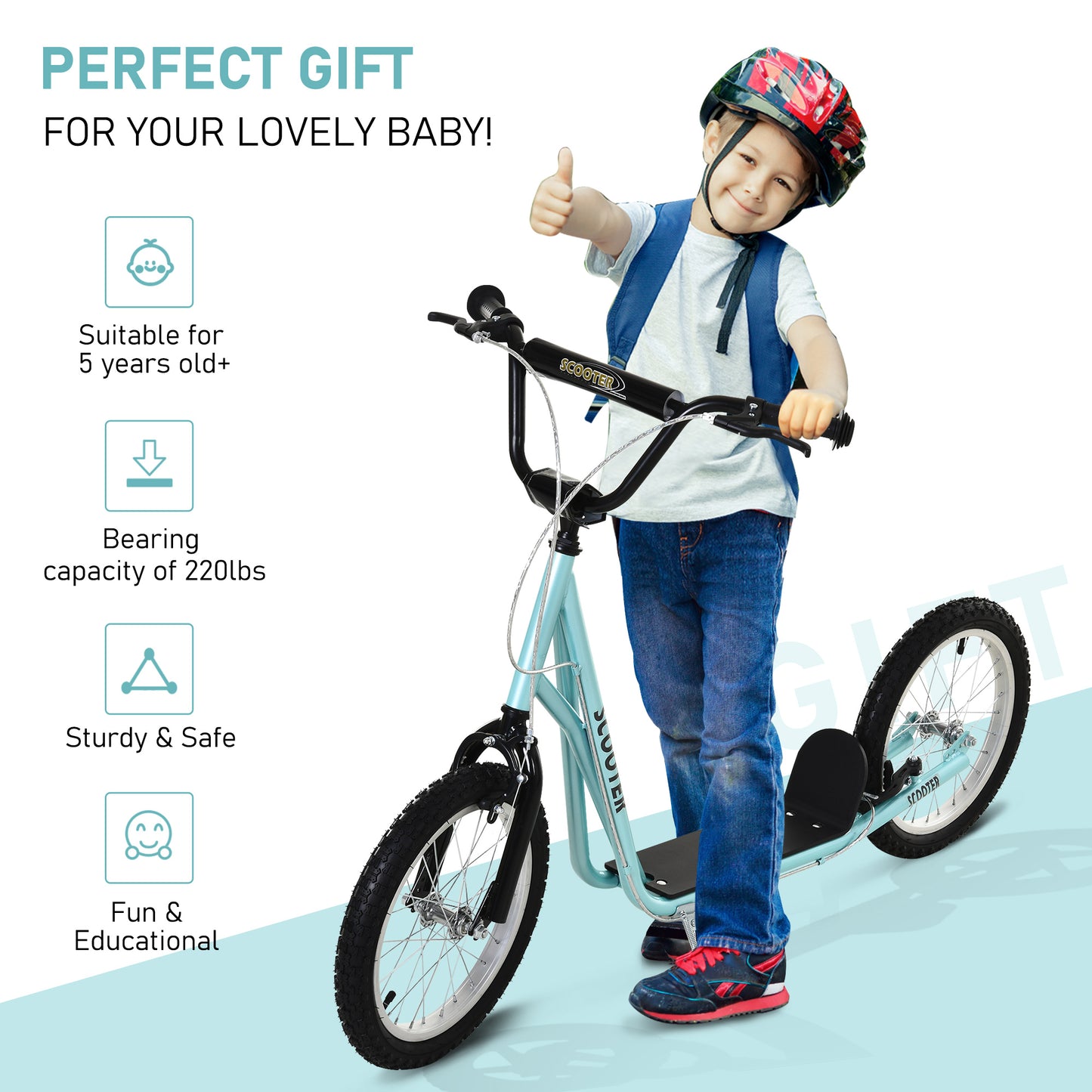 Aosom Kids Kick Scooter for 5+ Year Old, Kids Ride on Toy w/ 16'' Inflatable Wheel Dual Brakes, Black