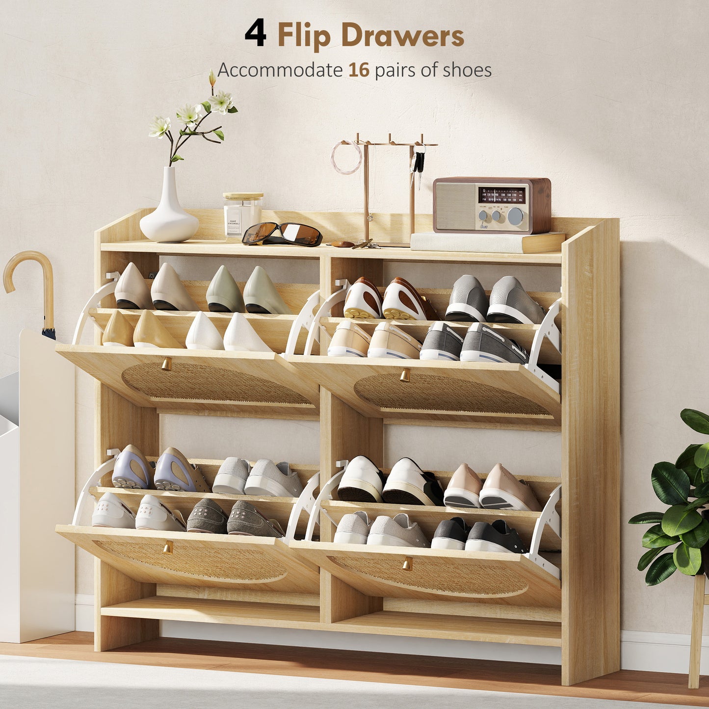 HOMCOM 4 Flip-Drawer Shoe Cabinet, Shoe Storage Cabinet with Rattan Doors and Adjustable Shelves, Holds 16 Pairs, Natural