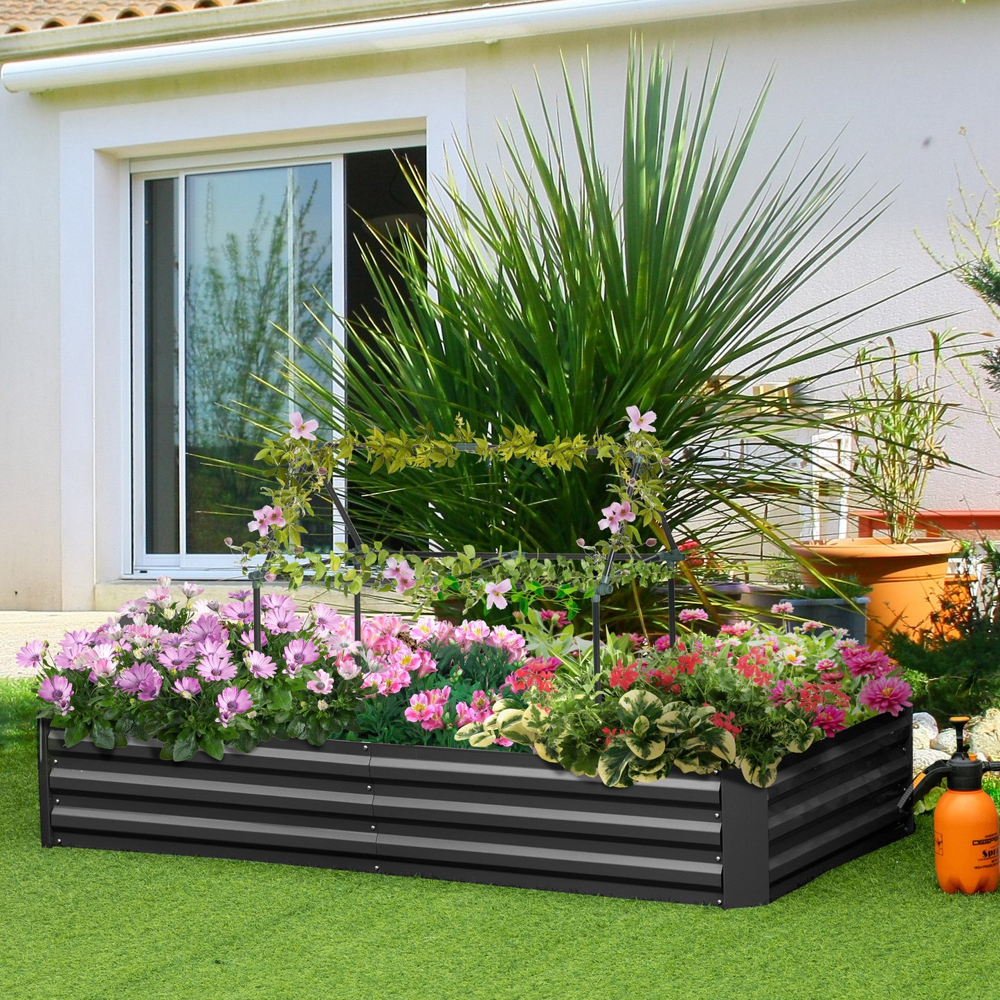 Outsunny 6' x 3' x 1' Raised Garden Bed with 2 Trellis Tomato Cages, Steel Frame Elevated Planter Box, Black