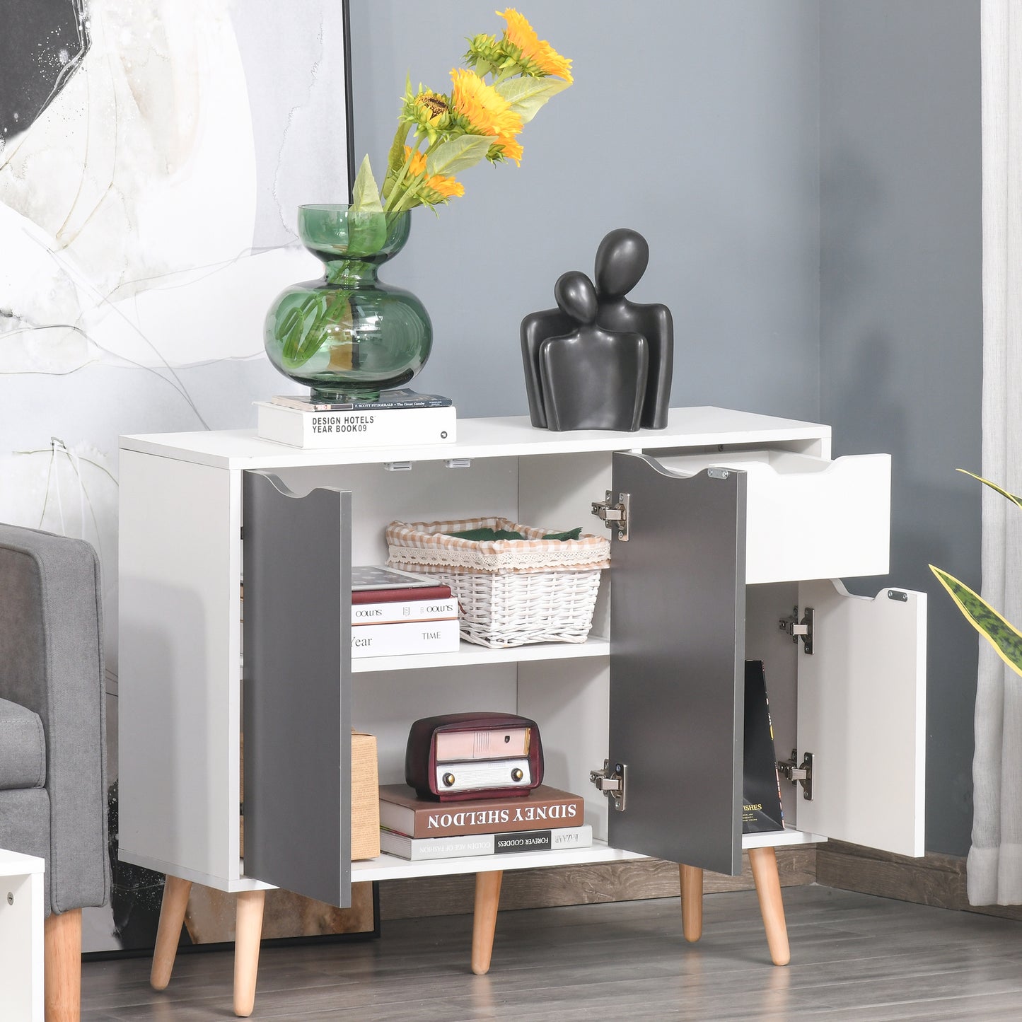 HOMCOM 35" Sideboard Storage Cabinet with Drawer, White and Grey