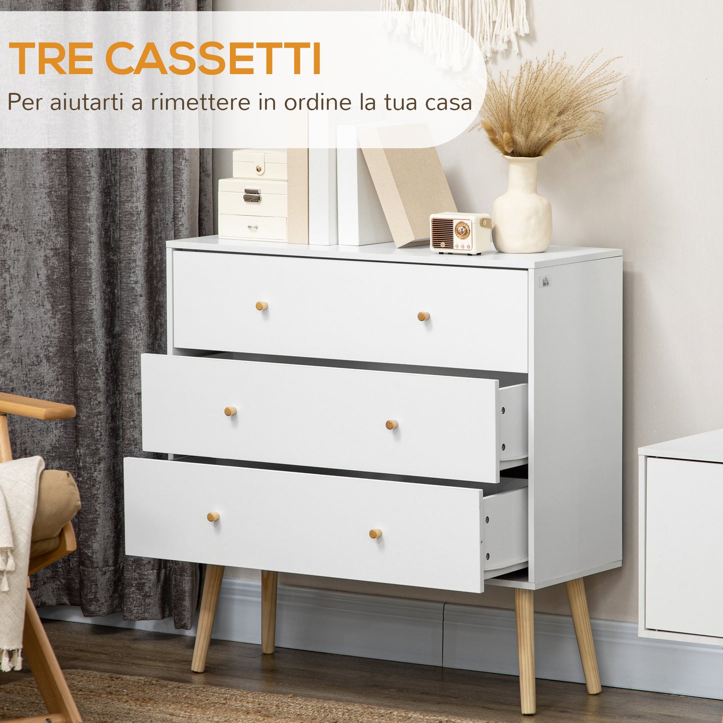 HOMCOM White Dresser for Bedroom with 3 Drawers, Morden Chest of Drawers with Solid Wood Legs and Handles, Storage Organizer for Living Room, White