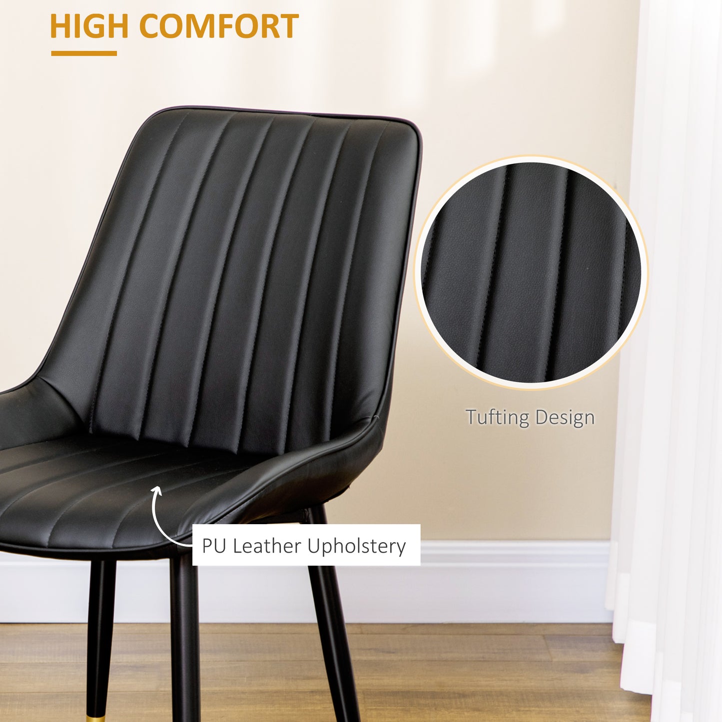 HOMCOM Dining Chairs Set of 2, Modern Kitchen Chair with PU Leather Upholstery and Steel Legs for Living Room, Bedroom, Black
