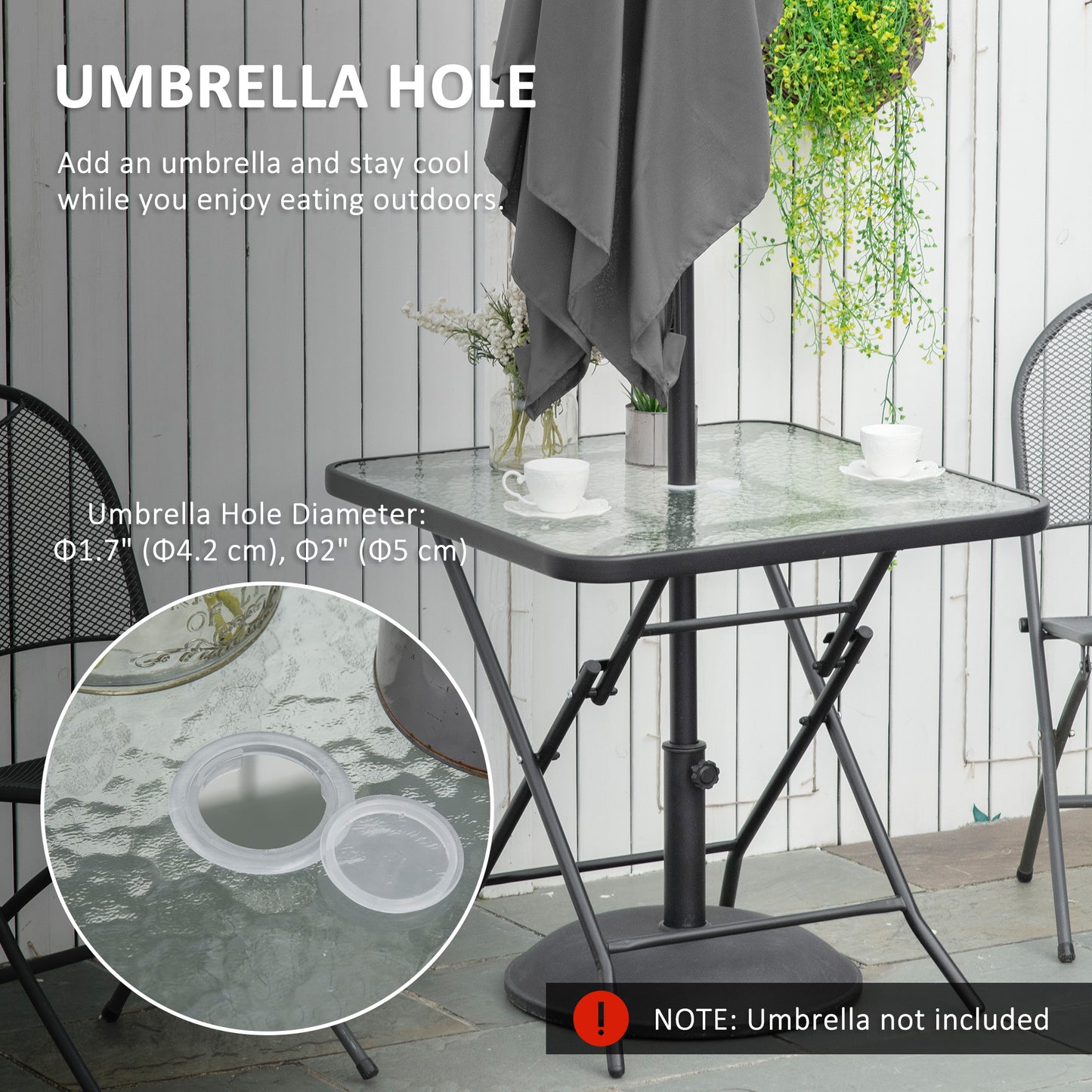 Outsunny 30" Square Outdoor Dining Table, Foldable Patio Table with Umbrella Hole, Water-Grain Glass Top Coffee Table for Balcony, Poolside, Black