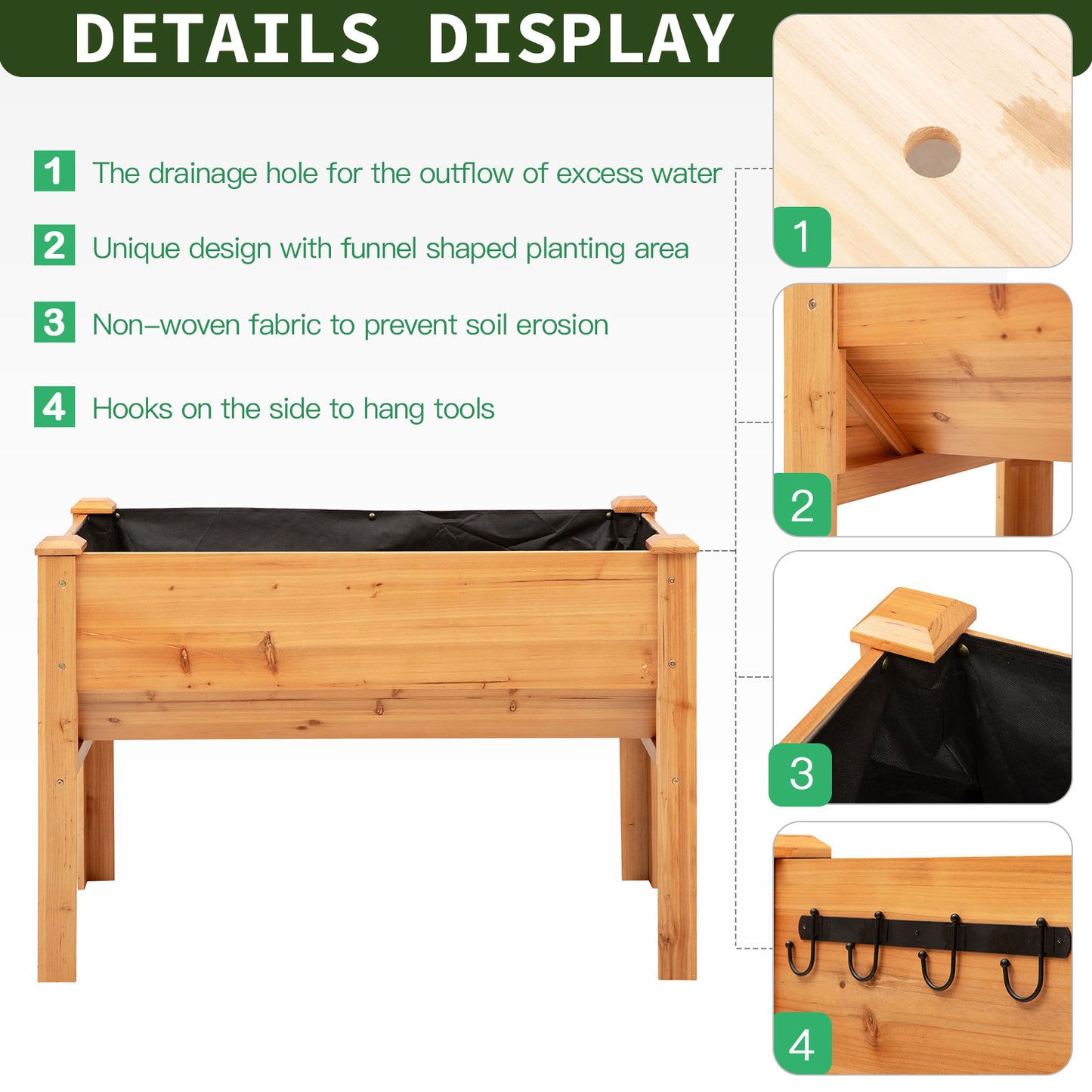 Outsunny Wooden Raised Garden Plant Stand Outdoor Tall Flower Bed Box with Hooks, 48" x 24" x 32", Nature Wood