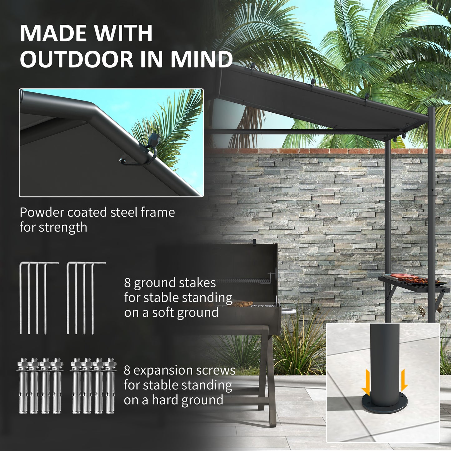 Outsunny 7' x 5' BBQ Grill Gazebo Tent, Garden Grill Canopy with Steel Frame and Hooks, Outdoor Sun Shade, Grey