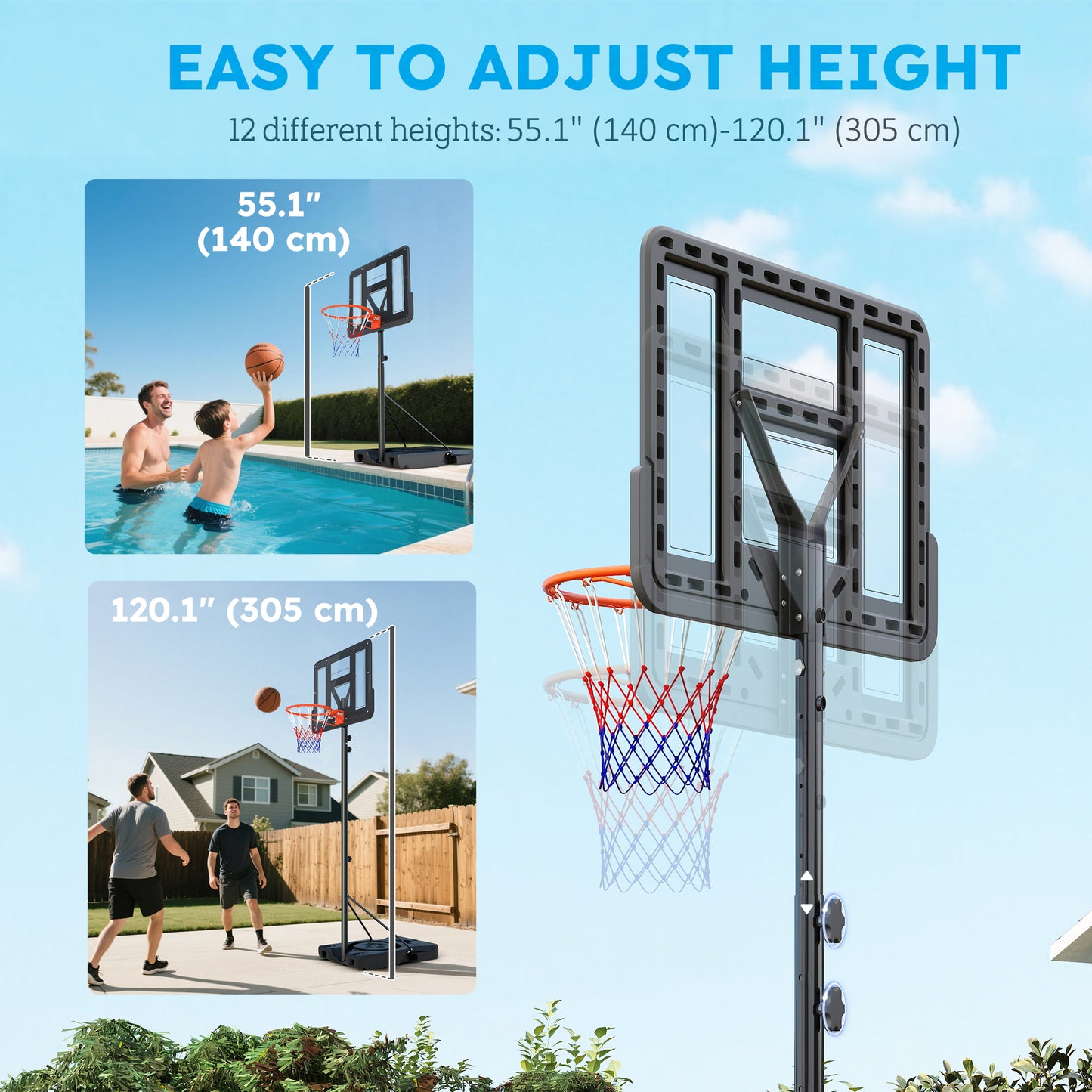 Soozier Basketball Hoop Outdoor, 4.4-10ft Portable Basketball Goal with Wheels and 44.5" Backboard, for Teenagers Youth Adults