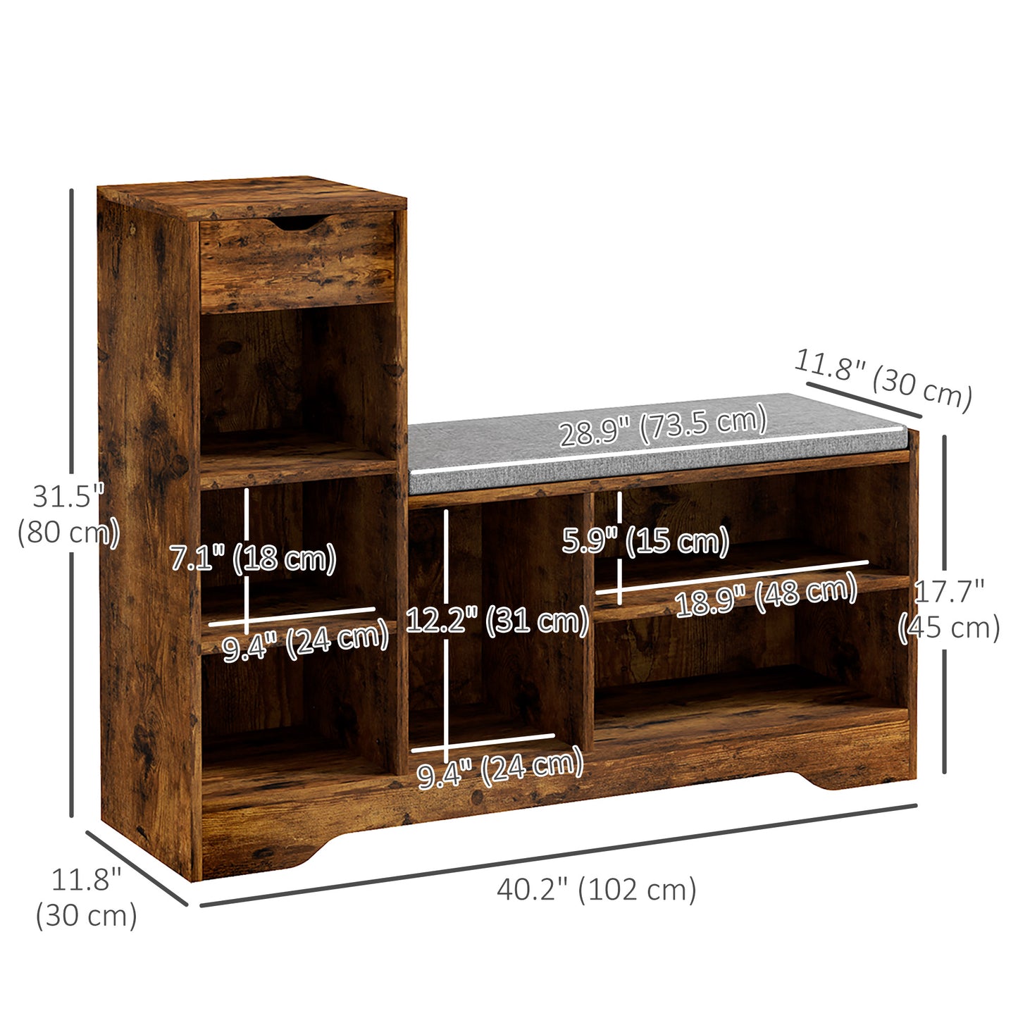 HOMCOM Upholstered Shoe Storage Bench w/ Seat, Entrance Bench w/ Drawer and 6 Open Shelves for Hallway, White