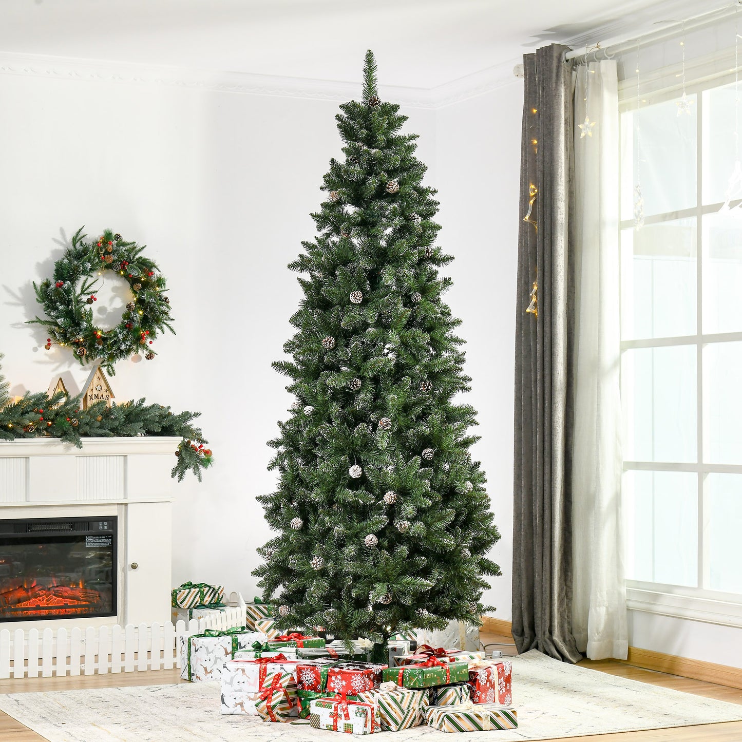 HOMCOM 7.5ft Artificial Christmas Tree, Flocked Christmas Tree with Pine Cones, 1119 Branch Tips and Metal Base, Green