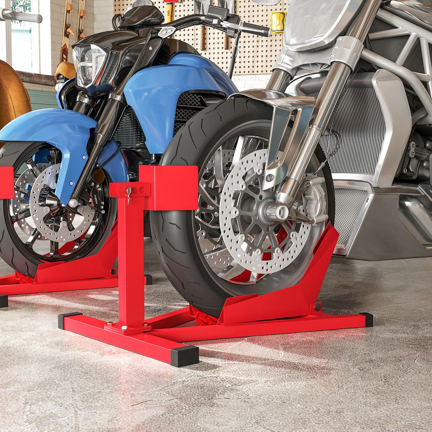 Soozier Motorcycle Wheel Chock, 660 lbs Capacity Heavy Duty Steel Motorcycle Front Wheel Stand for 14"-21" Wheels, Red