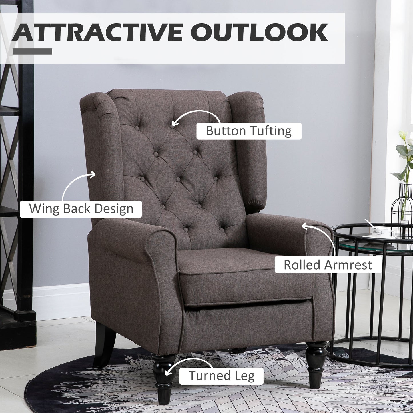 HOMCOM Fabric Accent Chair, Button Tufted Armchair, Upholstered Modern Living Room Chair, Wingback Chair with Wood Legs, Rolled Arms, Thick Padding for Bedroom, White