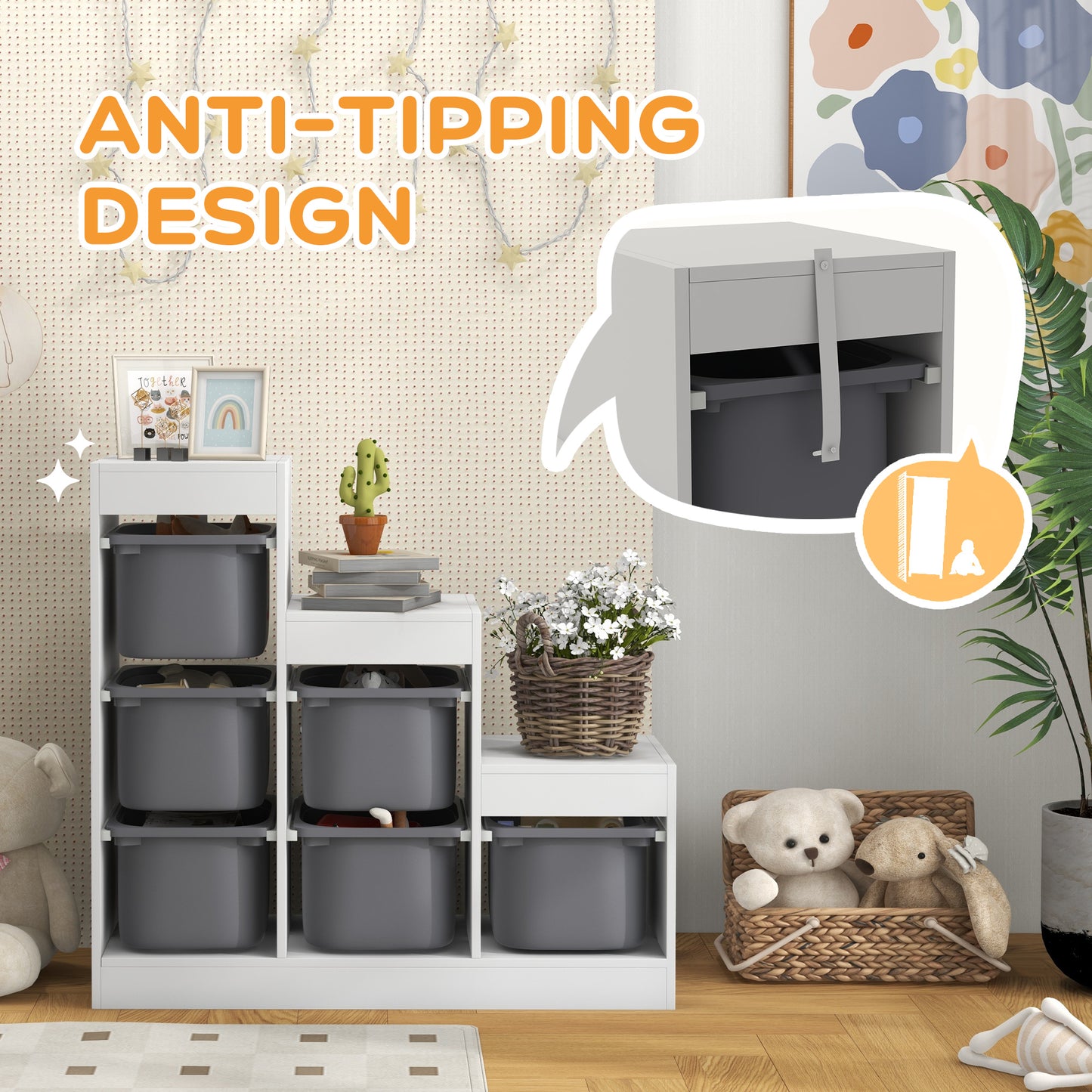 Qaba 3 Layers Toy Storage Organizer Kids Bookshelf Children Toy Storage w/ 6 Plastic Bins, White