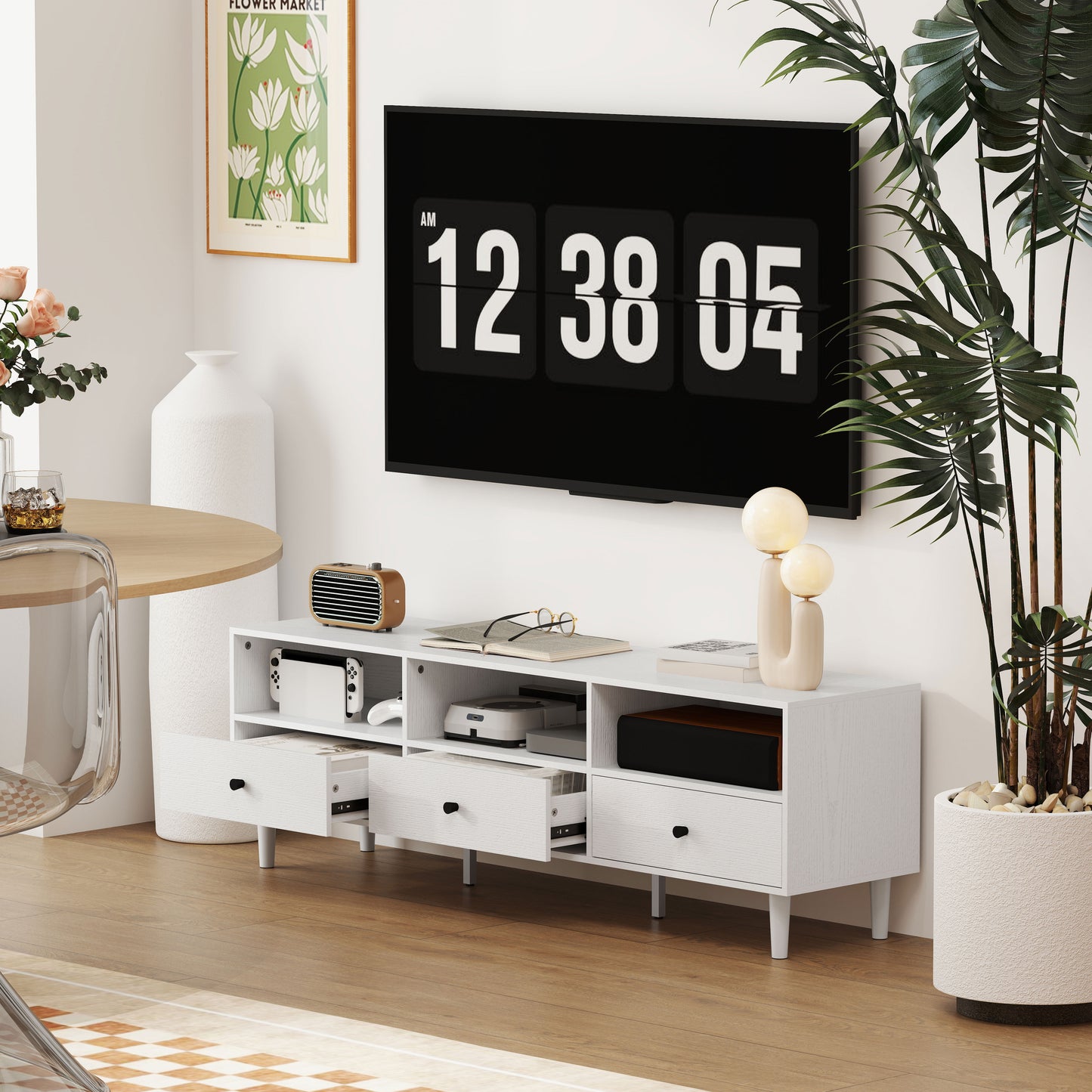HOMCOM TV Stand for up to 75 Inches, TV Table with 3 Storage Shelves, 3 Drawers for Living Room, Bedroom, White
