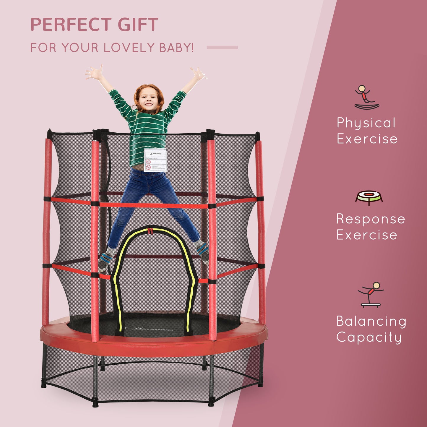 Outsunny 55" Kids Trampoline with Enclosure Net for Indoor/Outdoor, Trampoline for Boys and Girls Age 3-6 Years, Red
