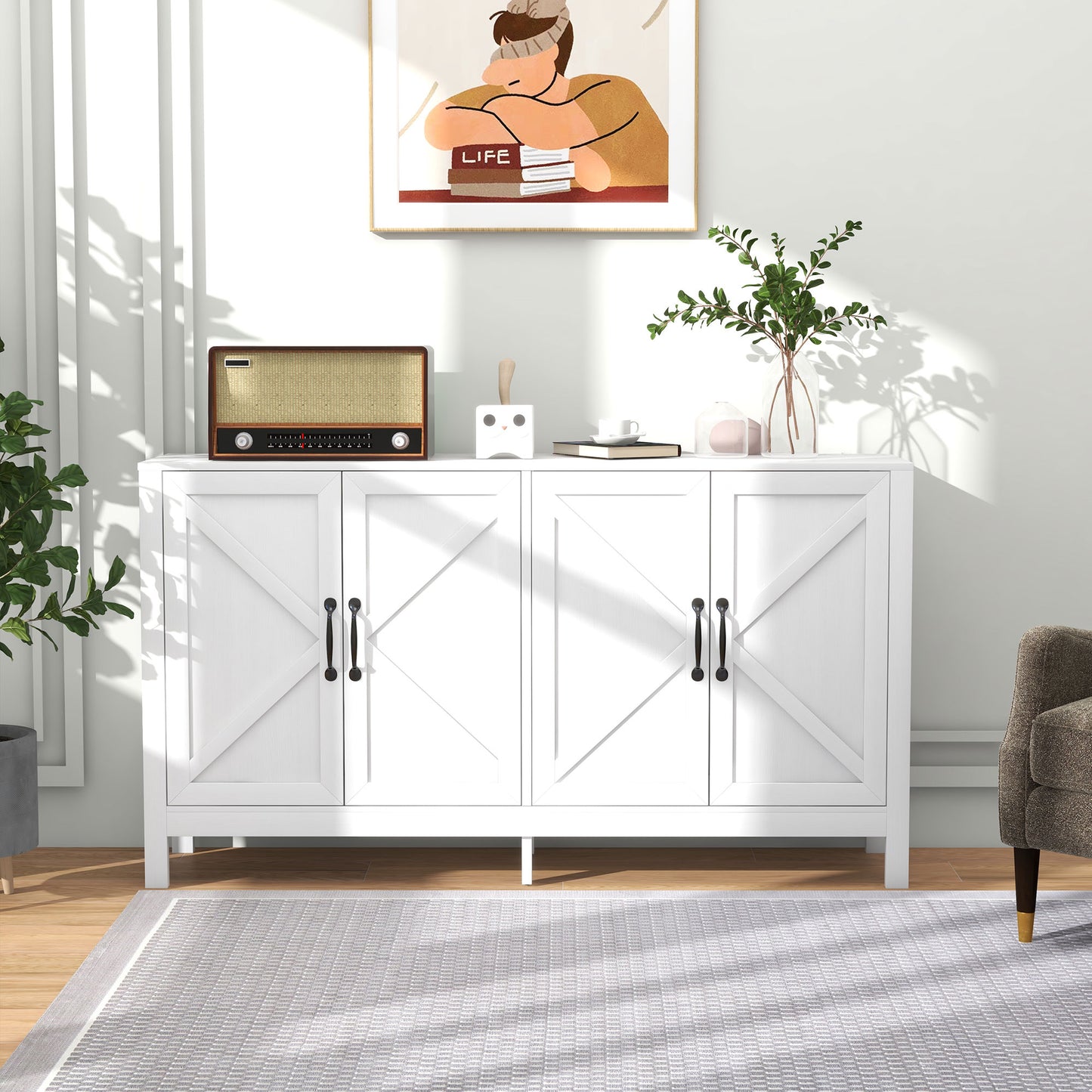 HOMCOM Sideboard Buffet, Storage Cabinet with Barn Door and Adjustable Shelf, TV Stand for TVs up to 65 Inches, Black Oak