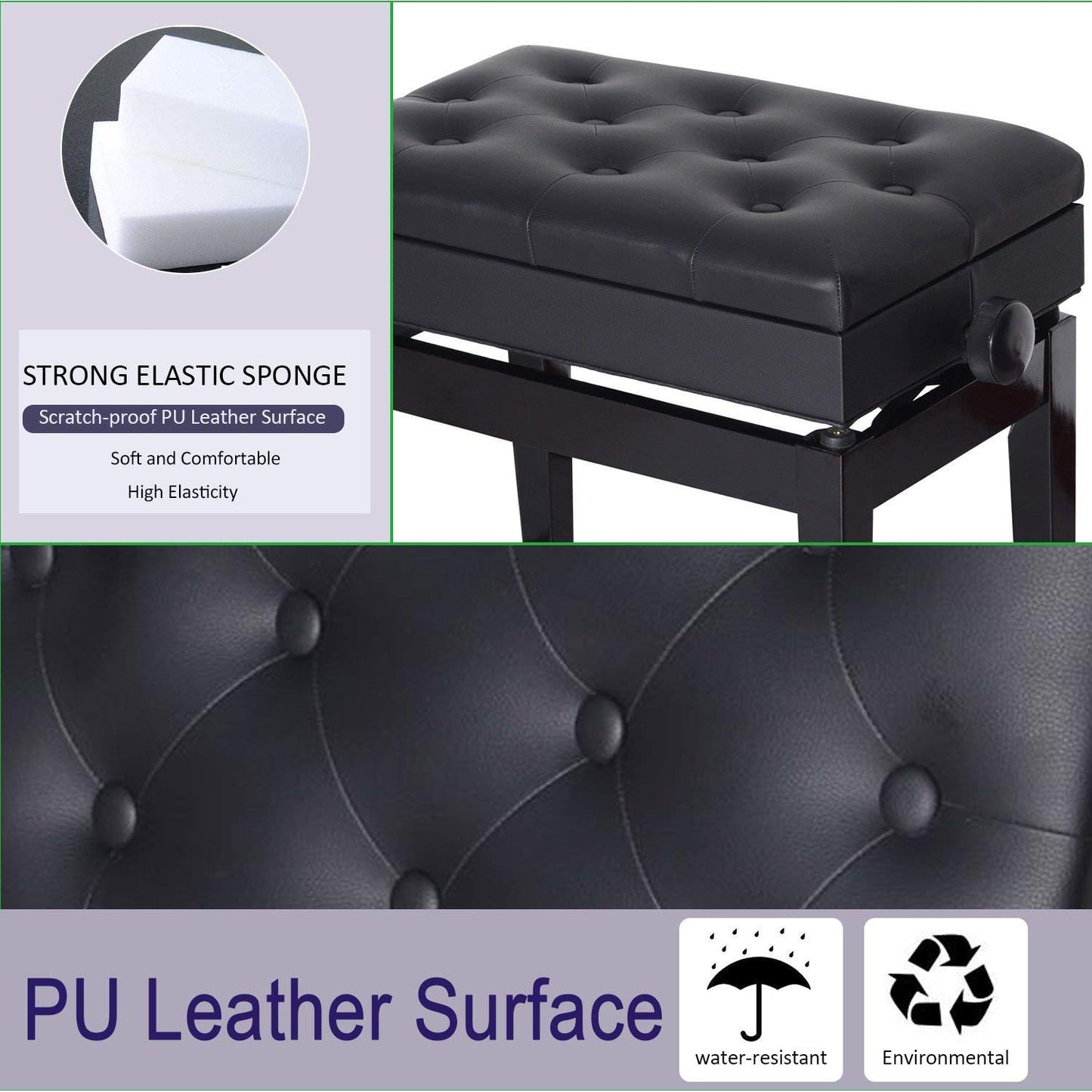 HOMCOM Adjustable Piano Bench with Storage and Soft PU Leather Padded, with Enough Music Storage Design, Black