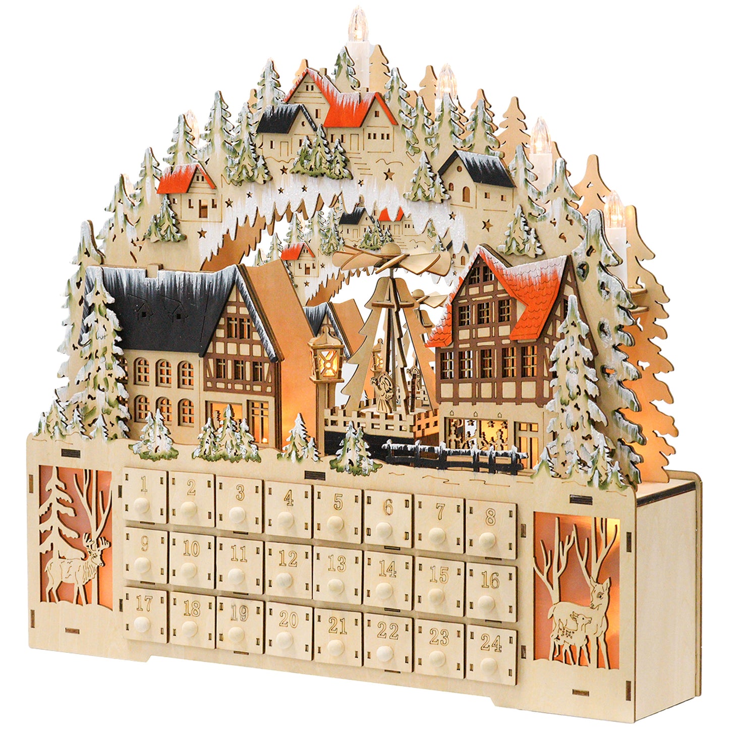 HOMCOM Wooden Christmas Advent Calendar, Lighted 24 Days Xmas Calendar House, Christmas Table Decoration with Countdown Drawers, Bible Characters, Battery Operated, Natural