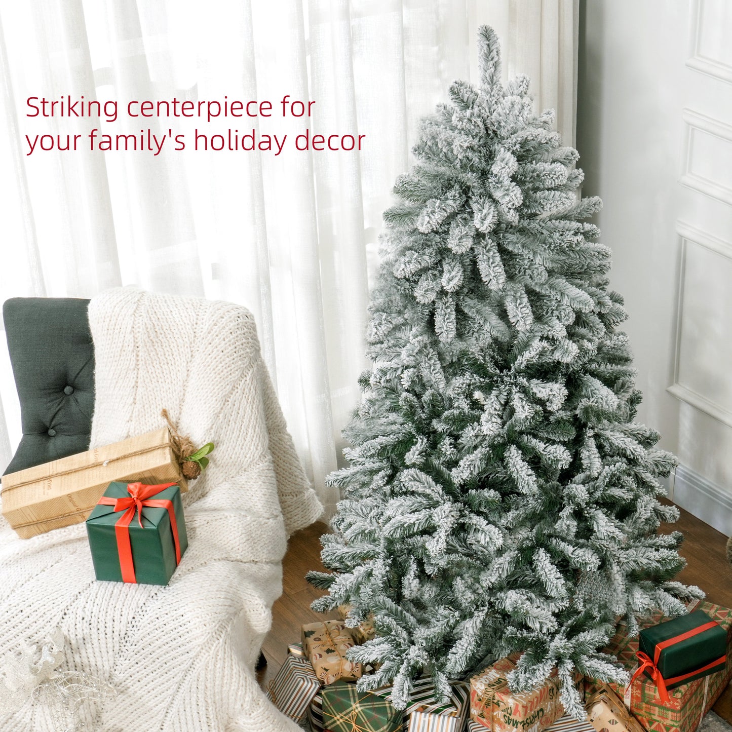 HOMCOM 5 Foot Artificial Flocked Christmas Tree with Snow, Metal Stand, Hinged Xmas Tree for Home Office Holiday